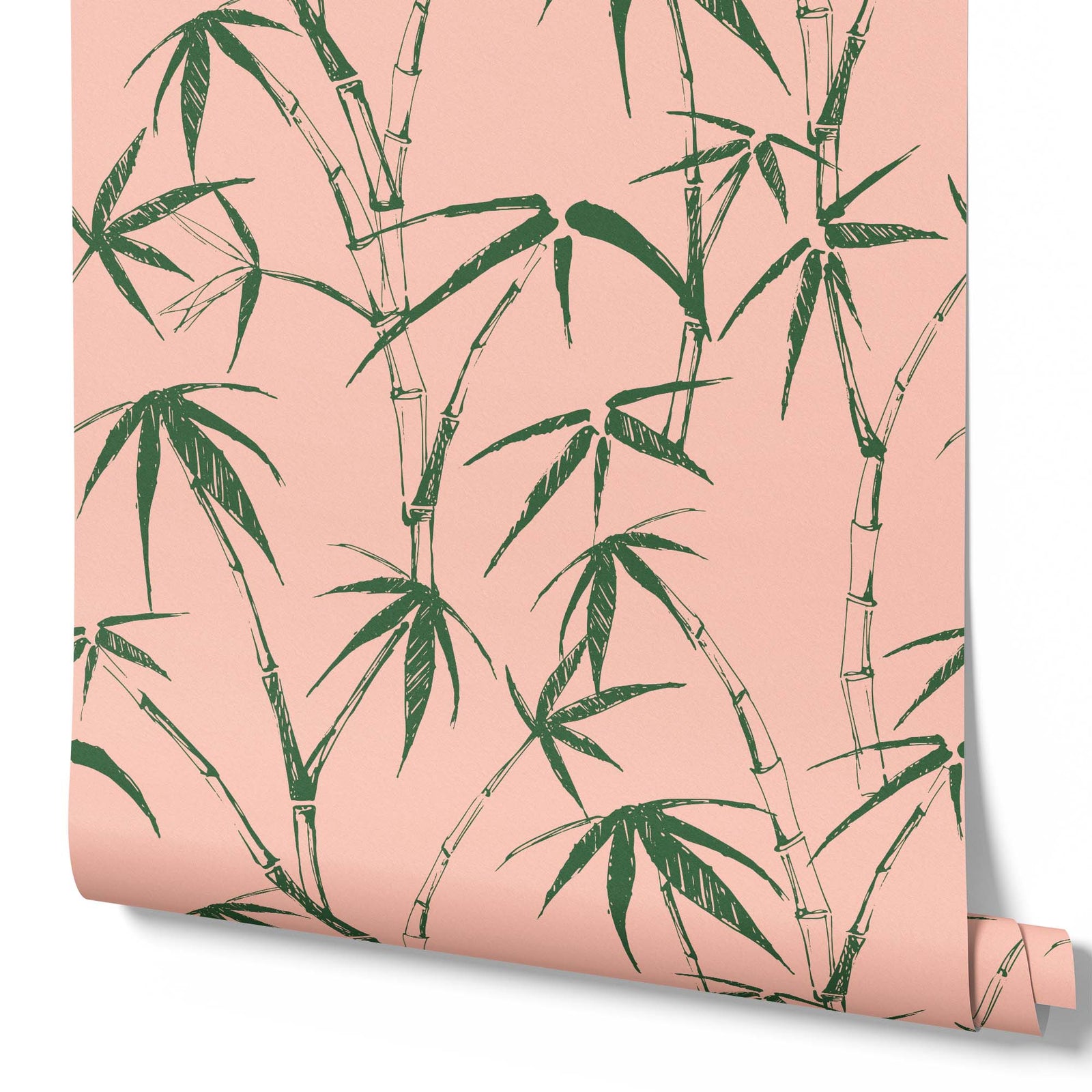 dark-moss_roll of wallpaper with bamboo sketch on pink background