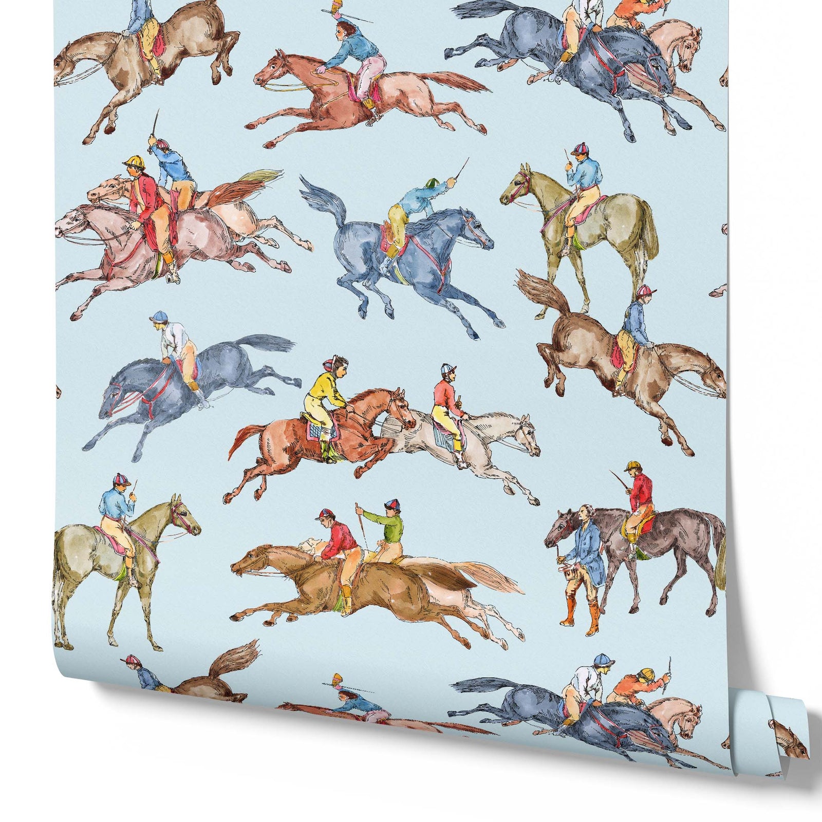 light-blue_Wallpaper pattern consisting of colorful derby horse riders on a light blue background