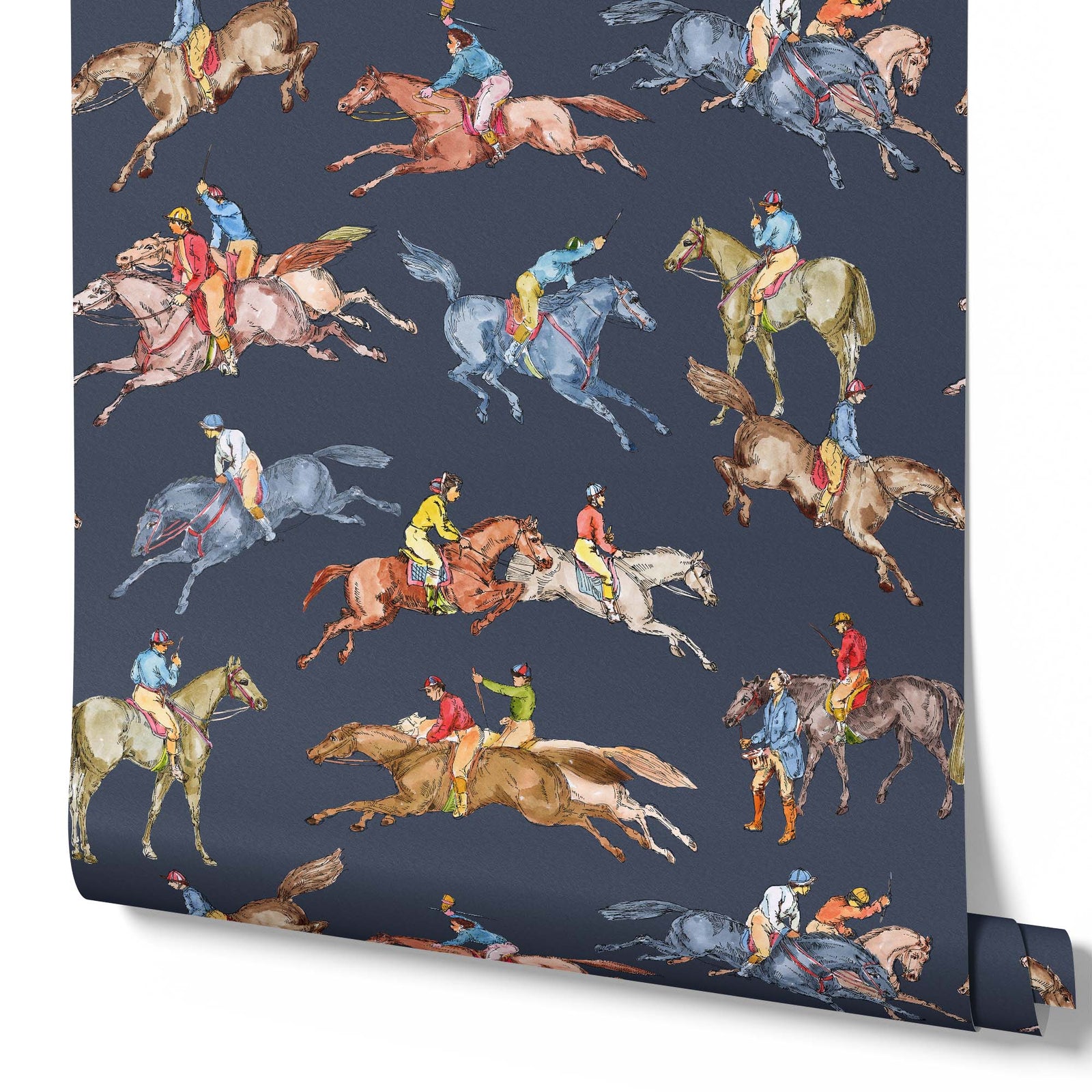navy_Wallpaper pattern consisting of colorful derby horse riders on a light navy background