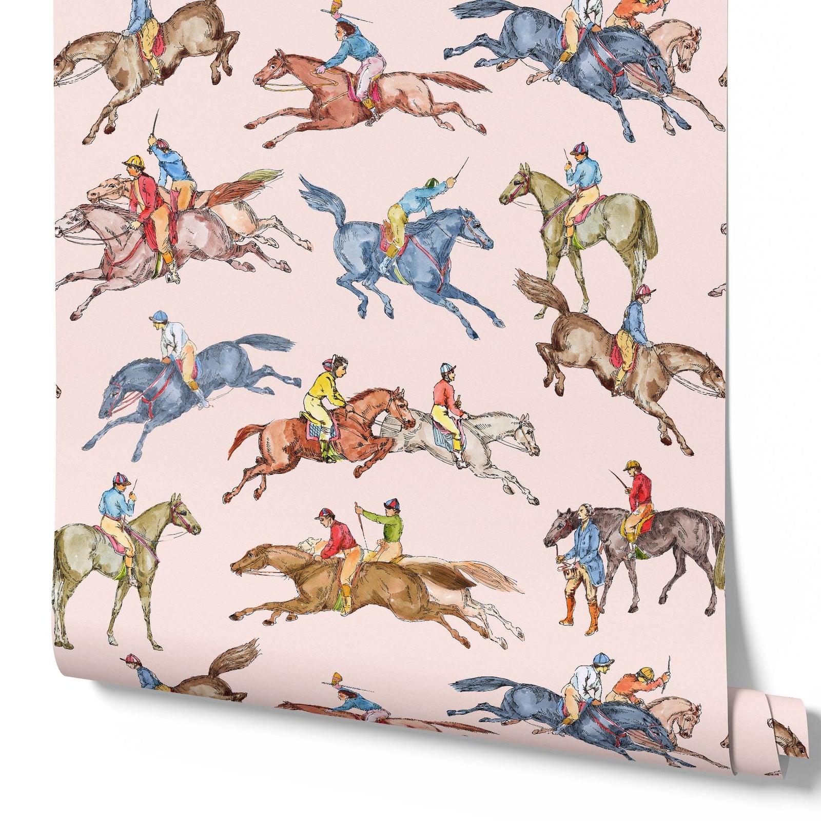 pink_Wallpaper pattern consisting of colorful derby horse riders on a pink background