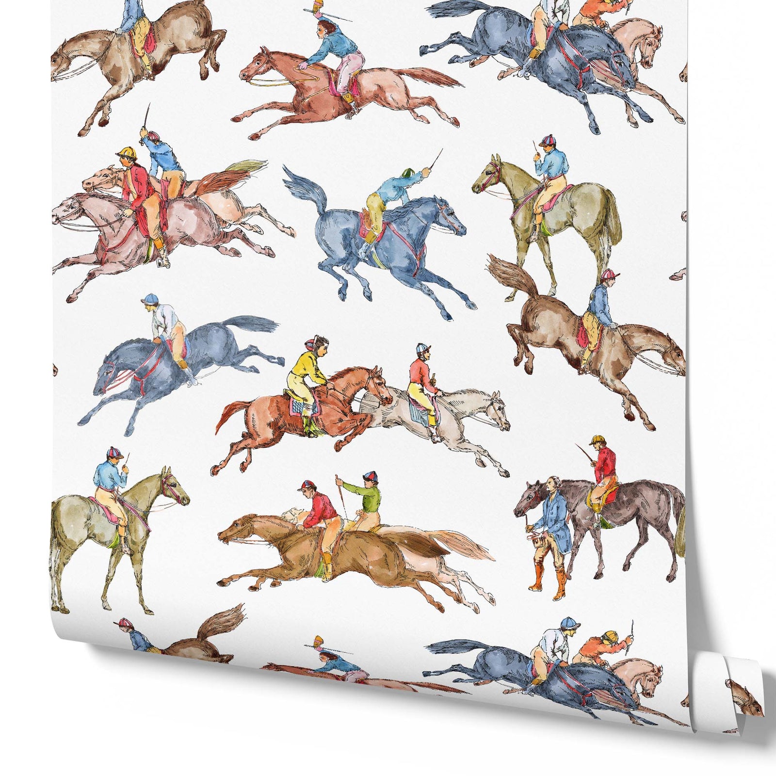 white_Wallpaper pattern consisting of colorful derby horse riders on a white background