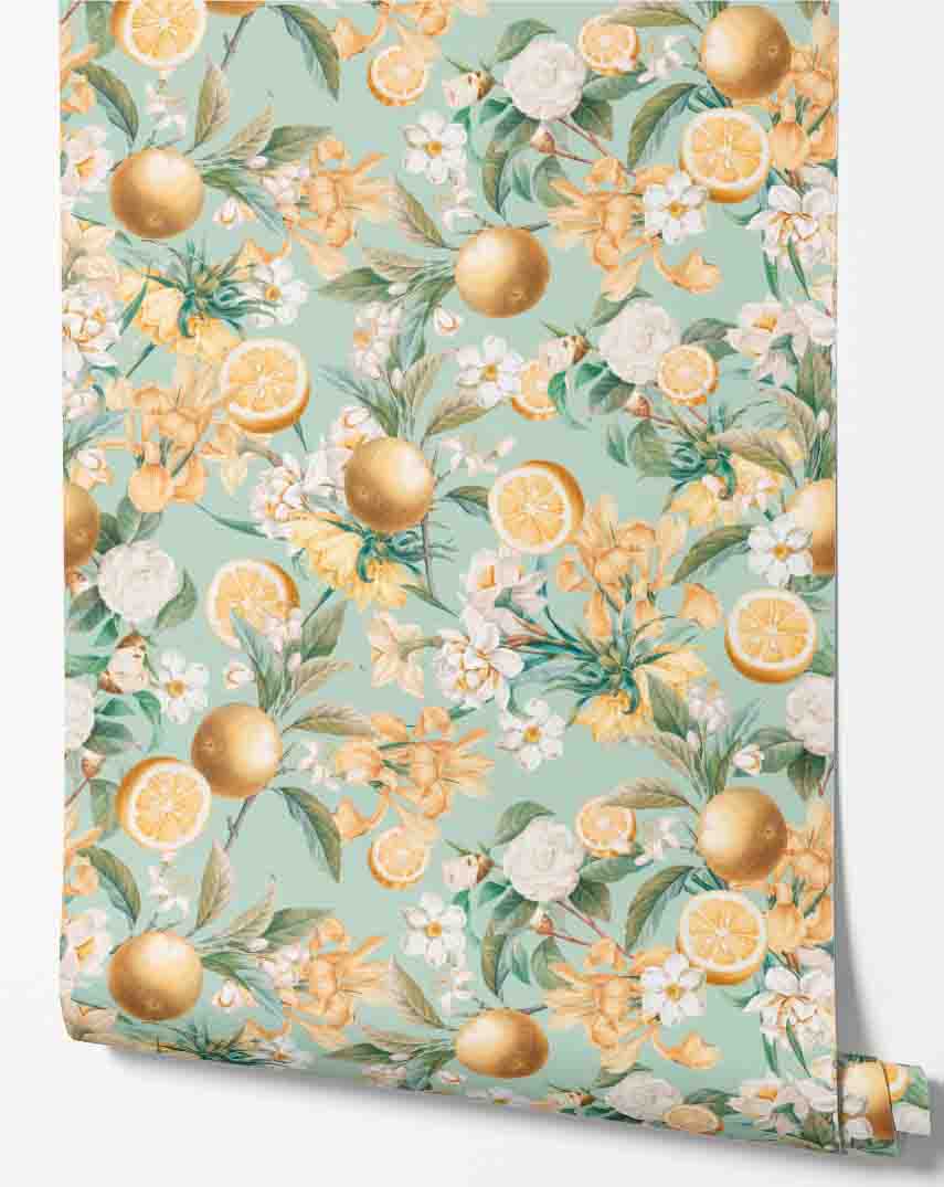 light-blue_wallpaper displaying a floral pattern with golden yellow lemon fruits and green leaves on a light blue background.