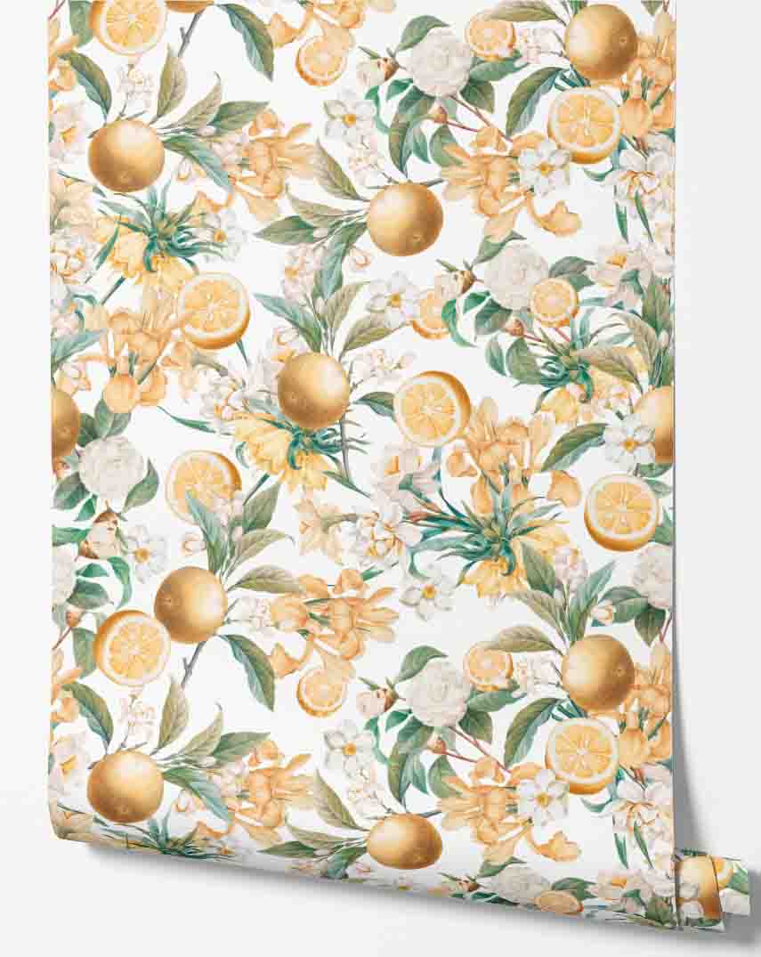 white_wallpaper displaying a floral pattern with golden yellow lemon fruits and green leaves on a white background.