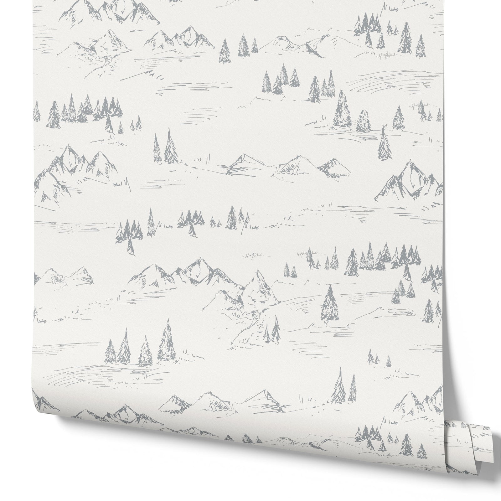 grey_A wallpaper featuring a grey and white mountainous landscape with trees.