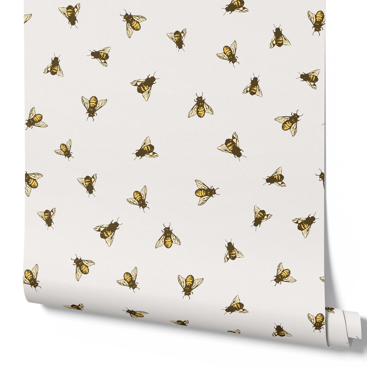 yellow_A wallpaper pattern featuring a repeating design of bees in flight against a off white background.