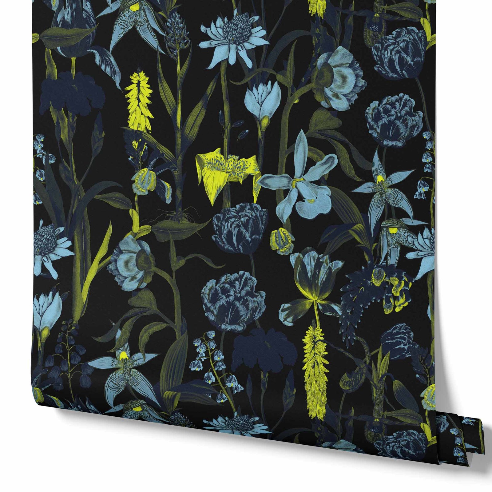 black_wallpaper displaying a floral pattern with various flowers in shades of dark blue, gray, and yellow on a black background.