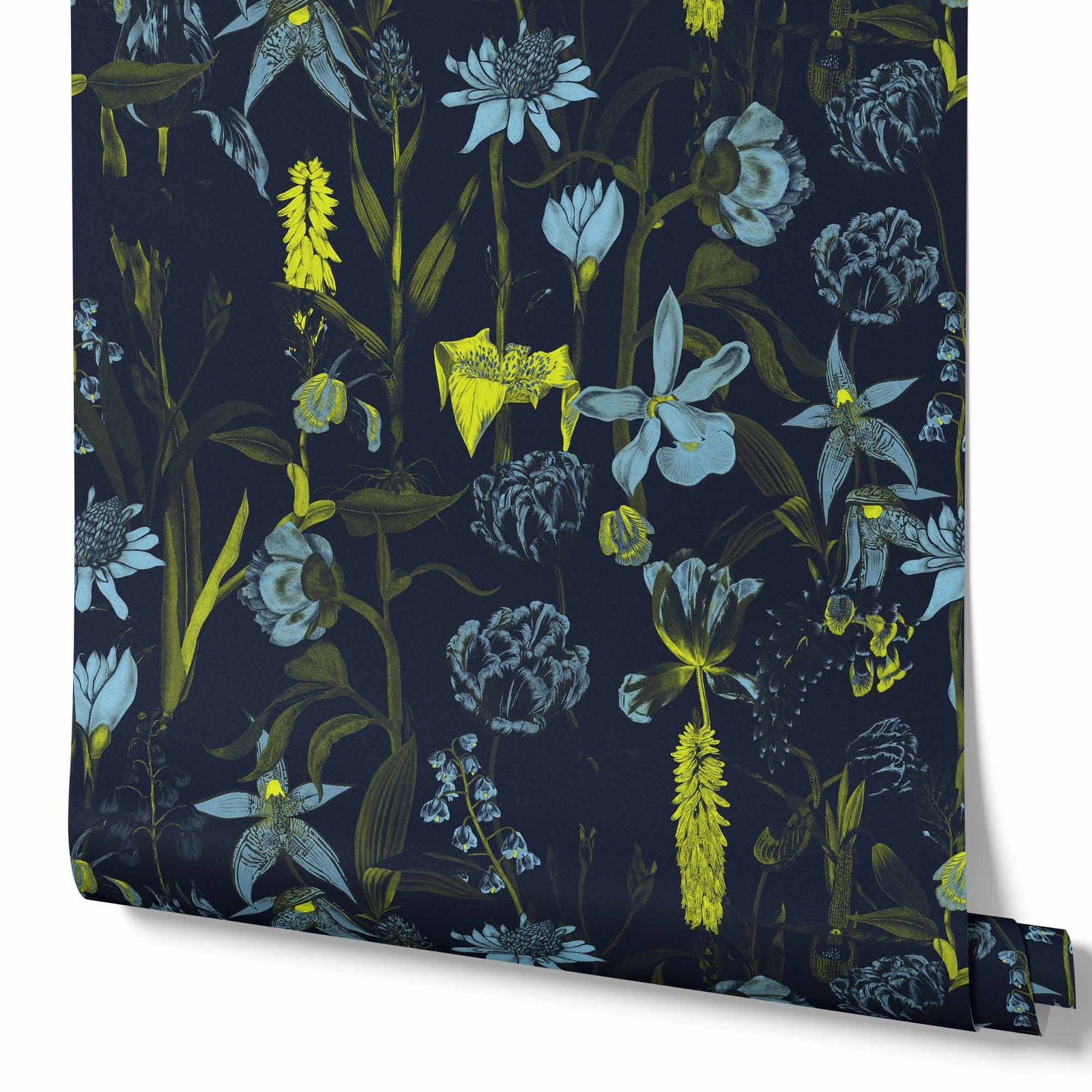 navy_wallpaper displaying a floral pattern with various flowers in shades of dark blue, gray, and yellow on a light navy background.