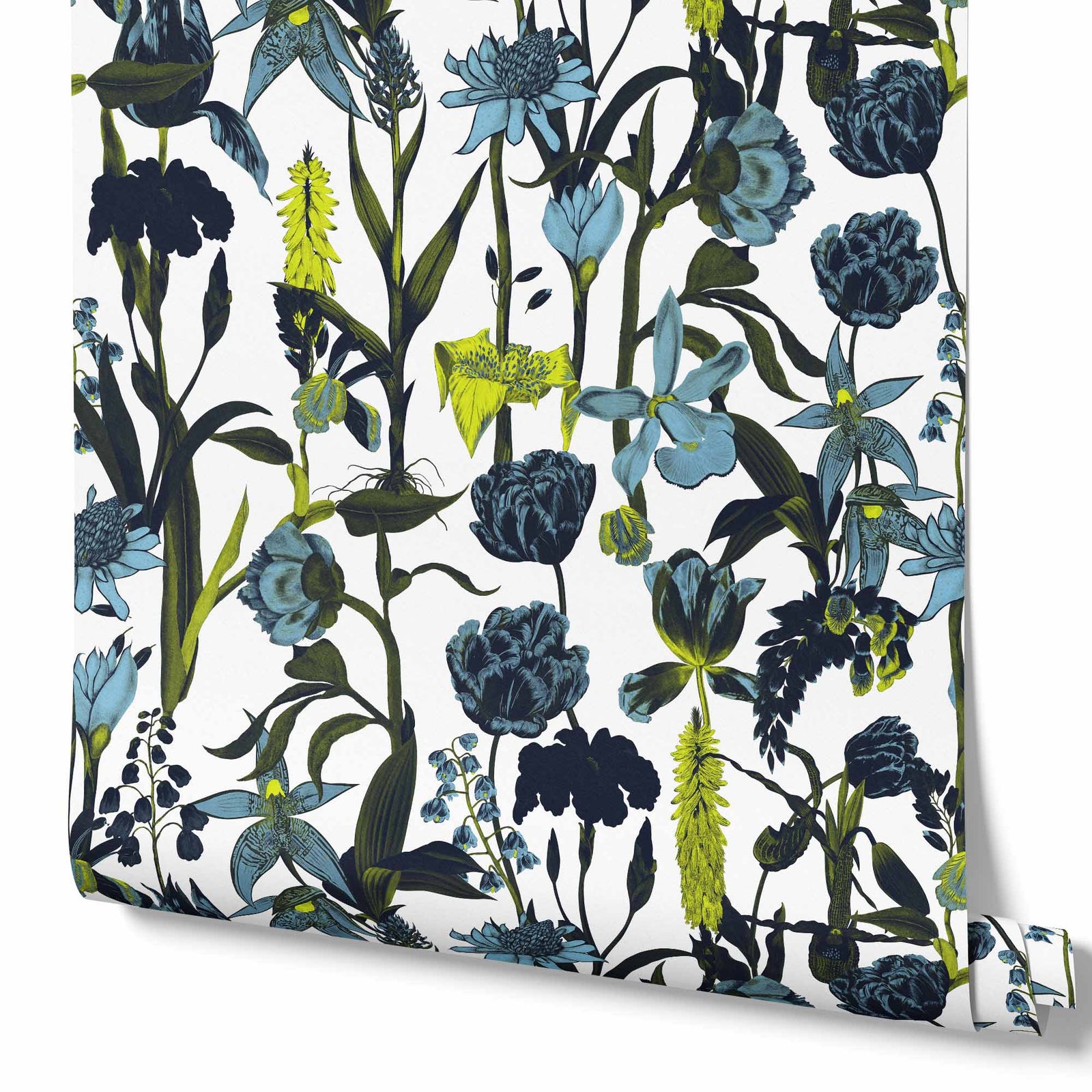white_wallpaper displaying a floral pattern with various flowers in shades of dark blue, gray, and yellow on a light white background.