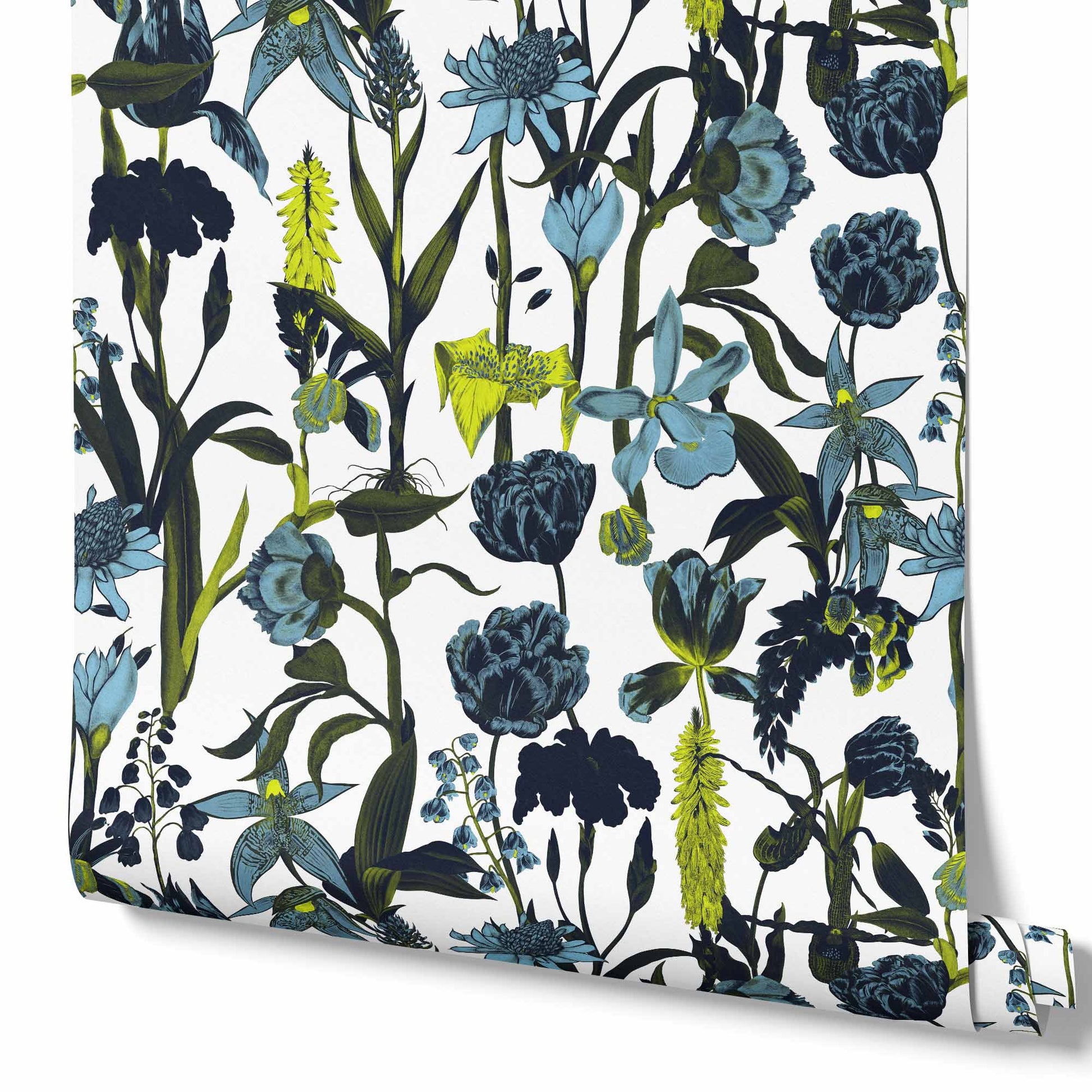 white_wallpaper displaying a floral pattern with various flowers in shades of dark blue, gray, and yellow on a light white background.