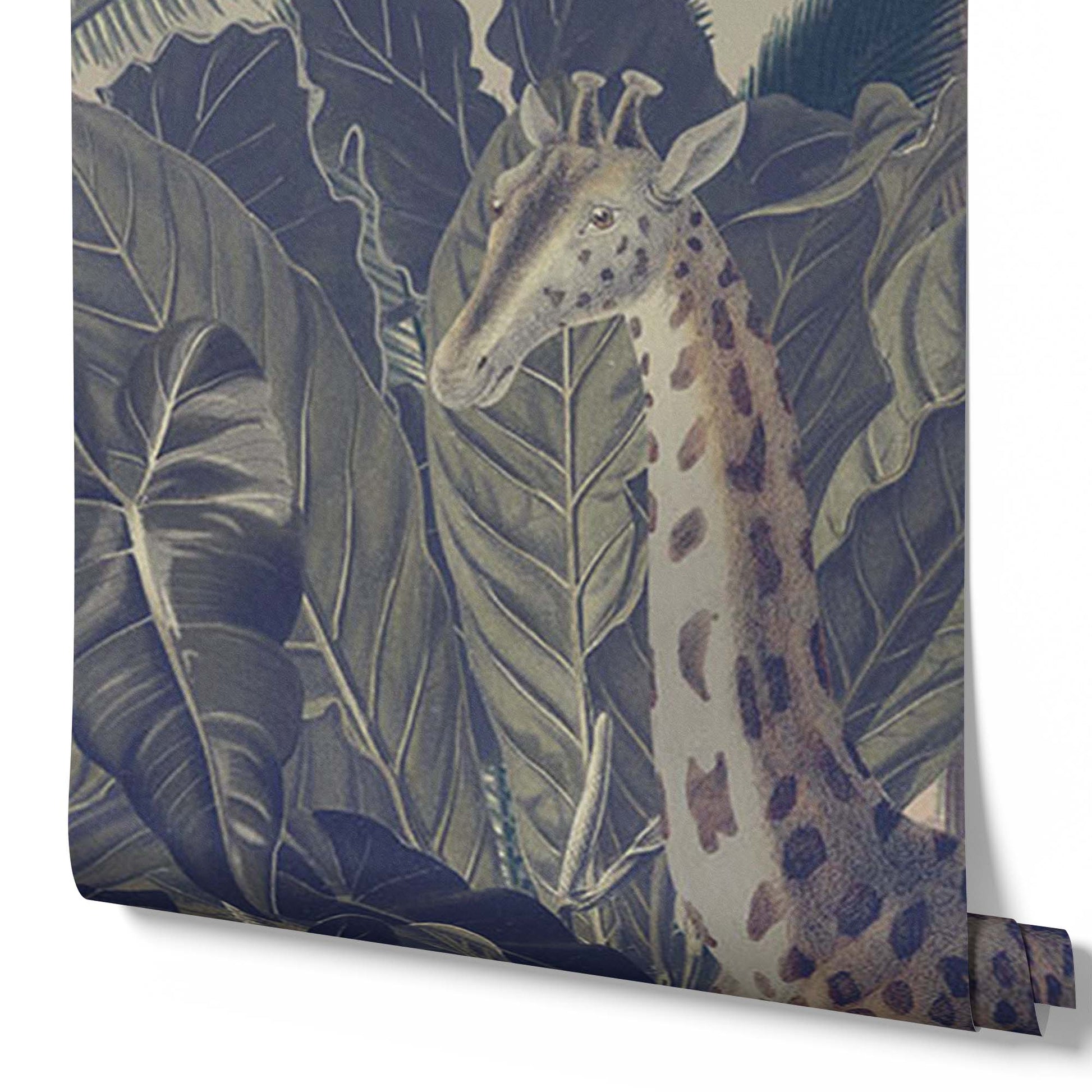 moody_A section of wallpaper showcasing a jungle scene with various plants, a small tower, and an animal which appears to be a giraffe.