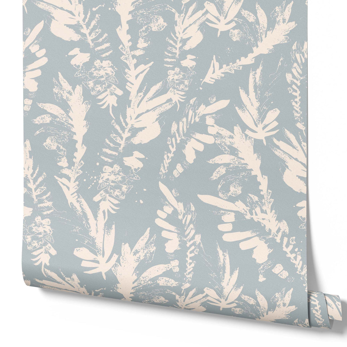 light-blue_A section of floral wallpaper with a pattern of off white wildflowers on a blue background.
