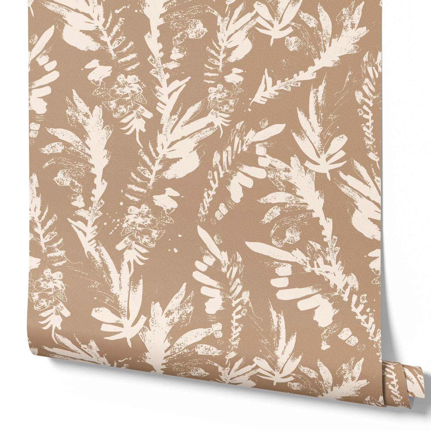 tan_A section of floral wallpaper with a pattern of off white wildflowers on a tan background.