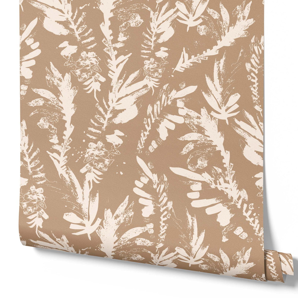 tan_A section of floral wallpaper with a pattern of off white wildflowers on a tan background.