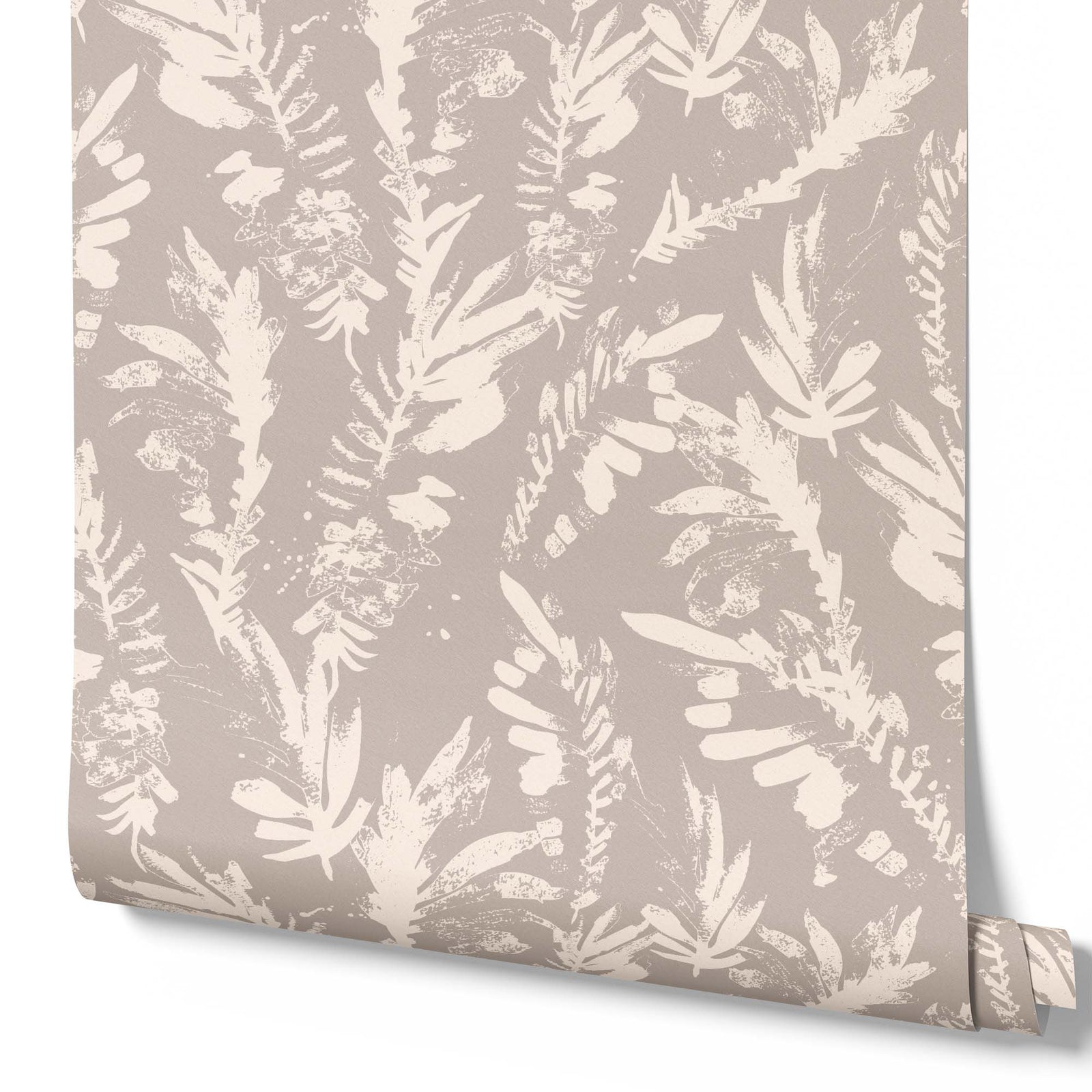 taupe_A section of floral wallpaper with a pattern of off white wildflowers on a taupe background.