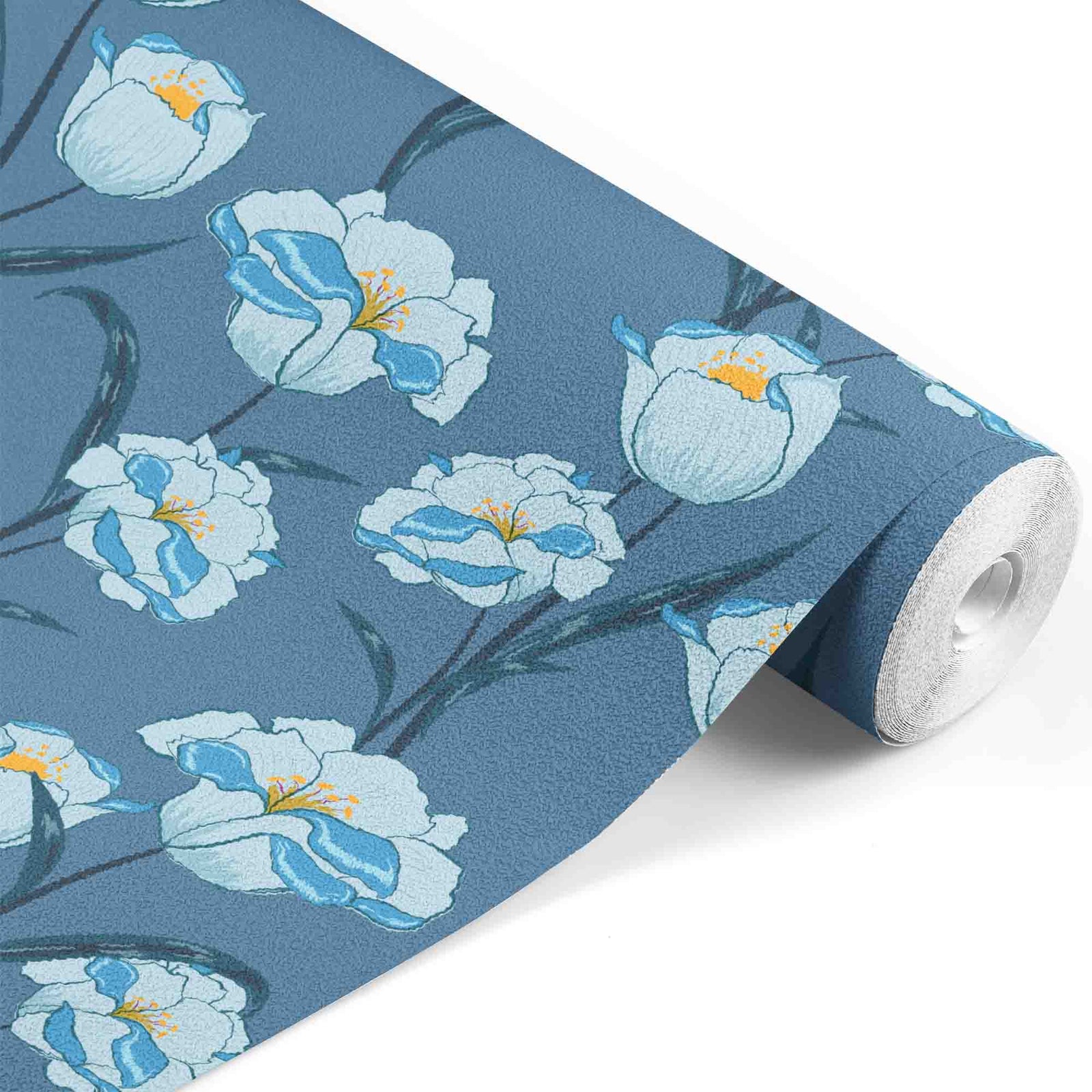sky-blue_A wallpaper featuring a floral pattern with blue flowers and blue leaves on a blue background.