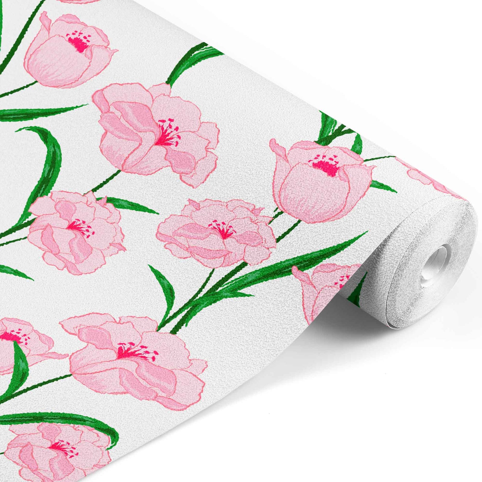 white_A wallpaper featuring a floral pattern with pink flowers and green leaves on a white background.