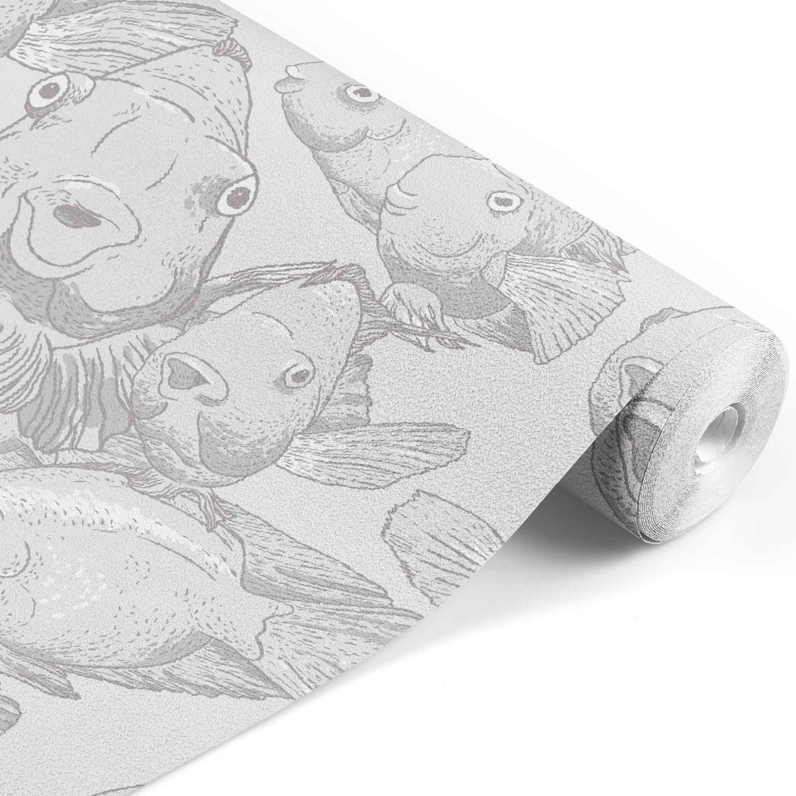 grey_A wallpaper featuring a pattern of illustrated blow fish in various shades of grey.