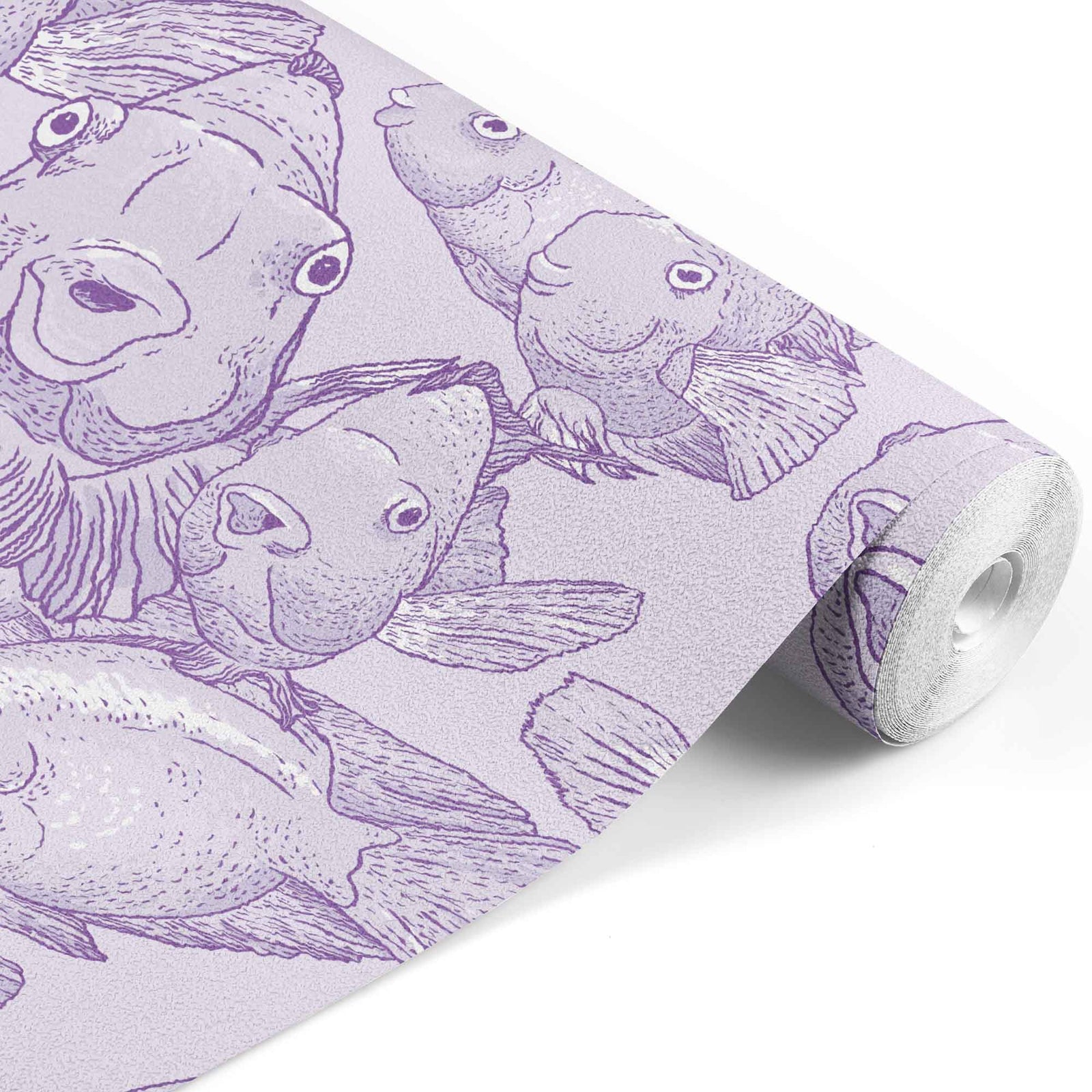 purple_A wallpaper featuring a pattern of illustrated blow fish in various shades of purple.
