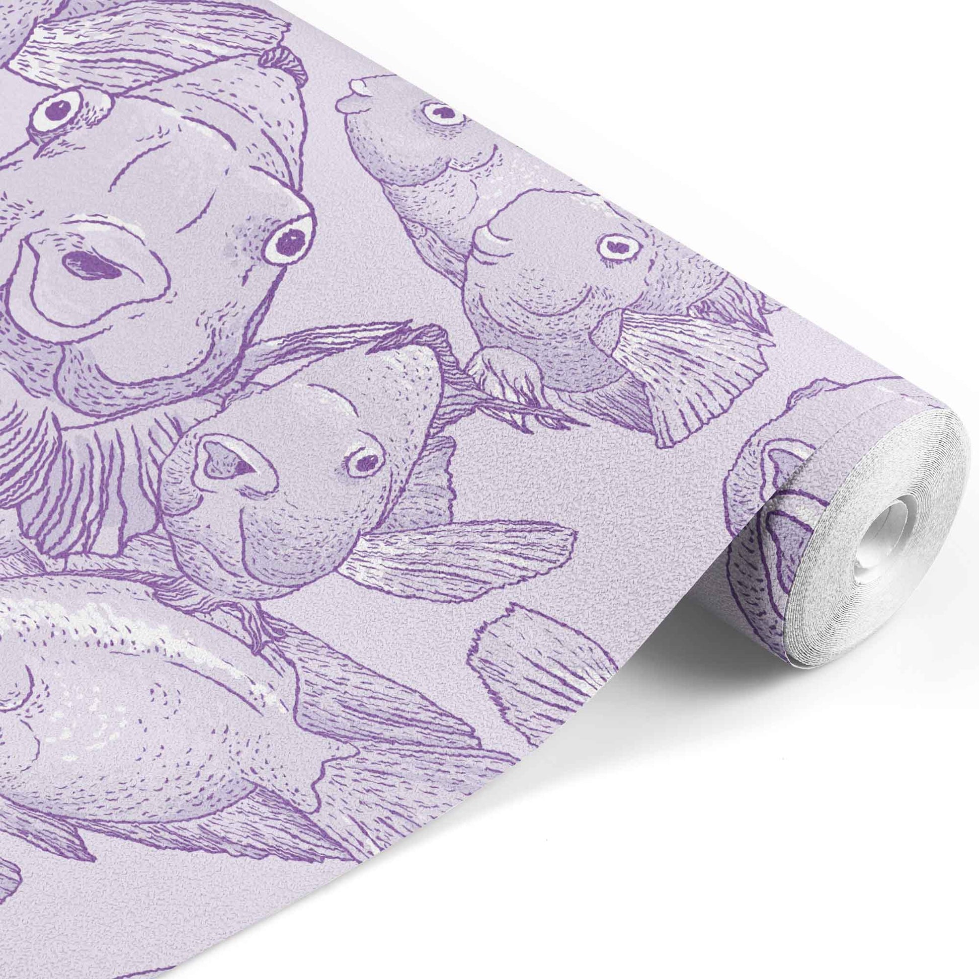 purple_A wallpaper featuring a pattern of illustrated blow fish in various shades of purple.