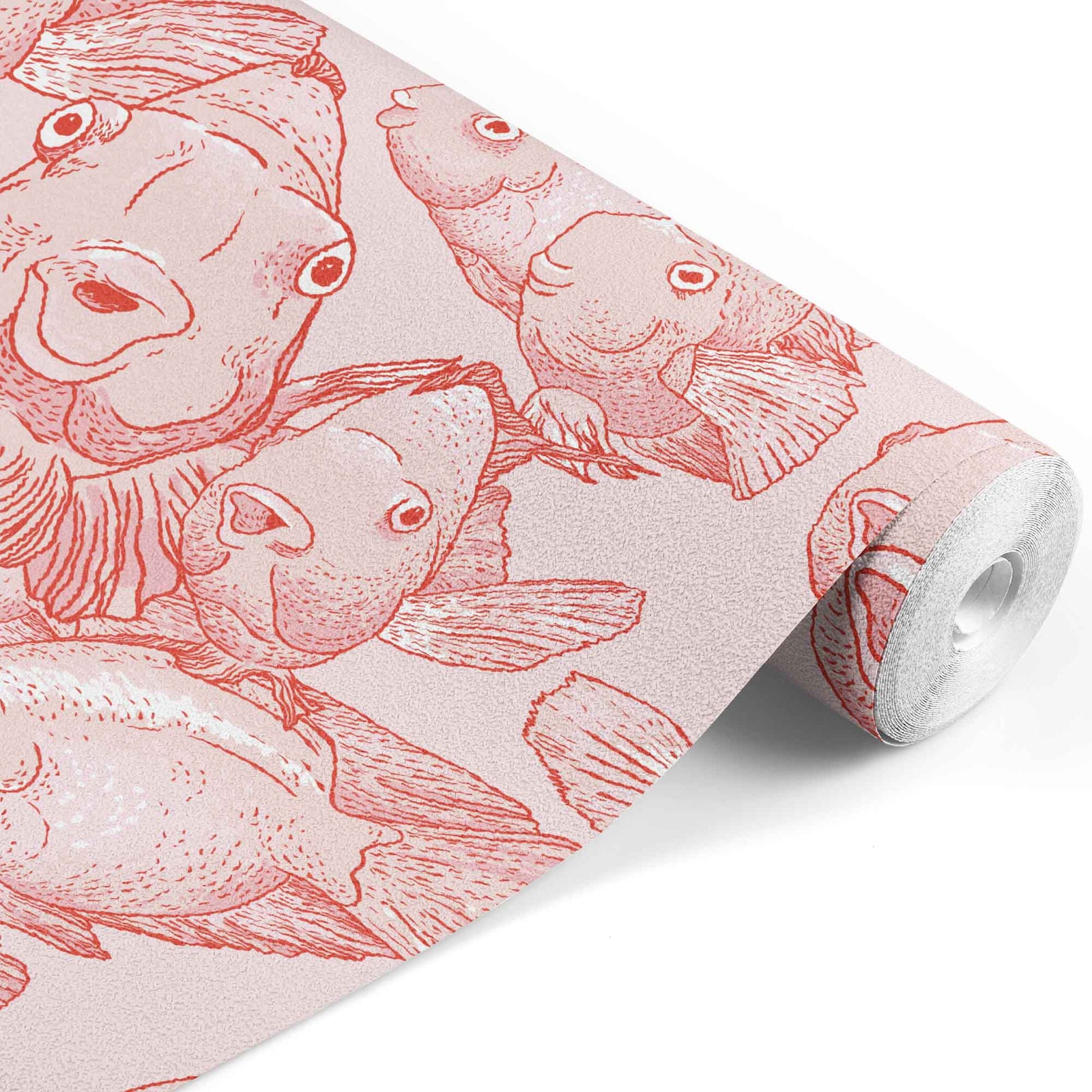 red_A wallpaper featuring a pattern of illustrated blow fish in various shades of red.