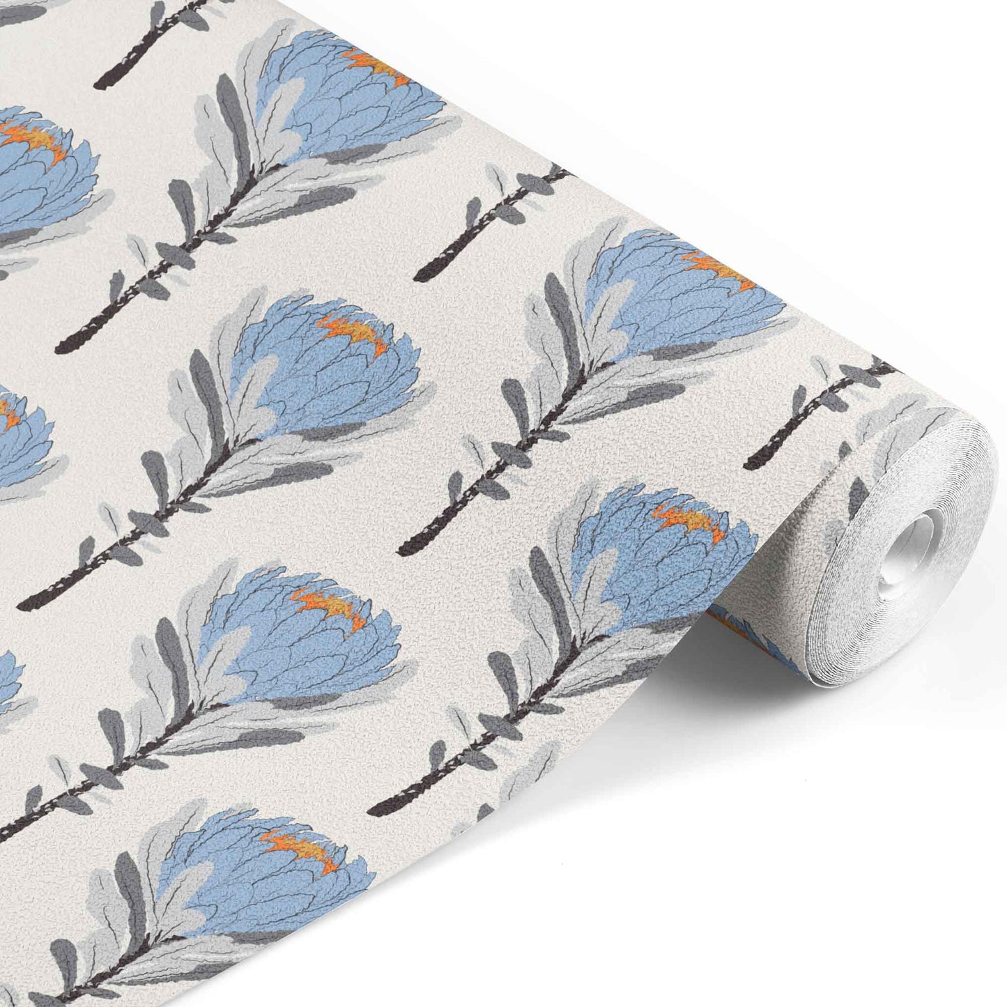 cream_A wallpaper pattern featuring blue floral designs on a lighter background.