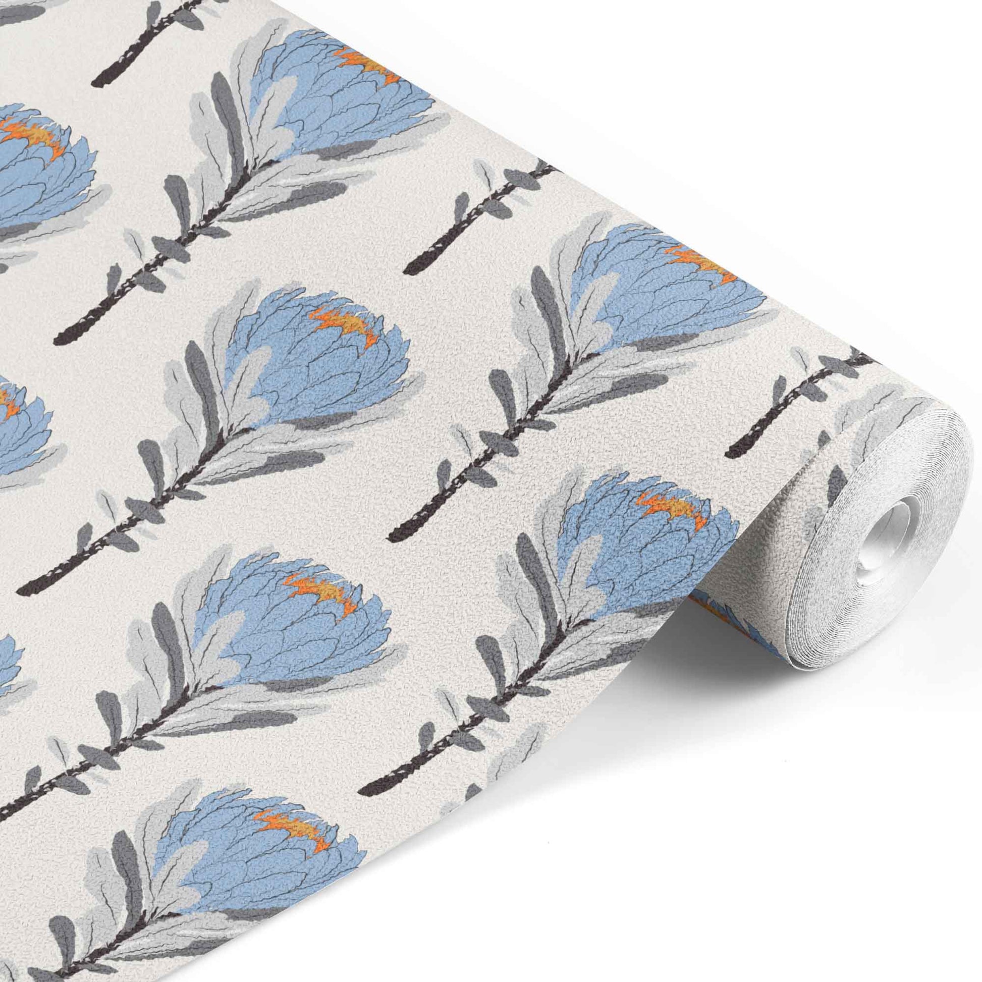 cream_A wallpaper pattern featuring blue floral designs on a lighter background.