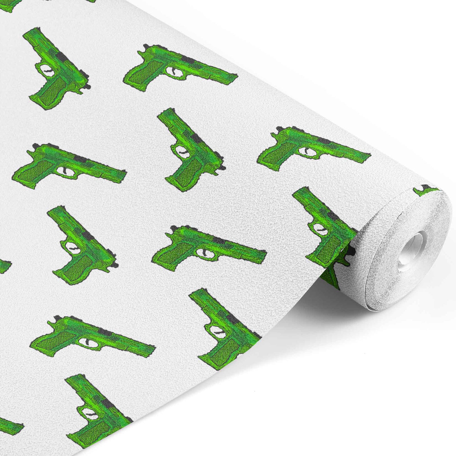 green_A patterned wallpaper featuring a repeated motif of green hand guns on a white background 