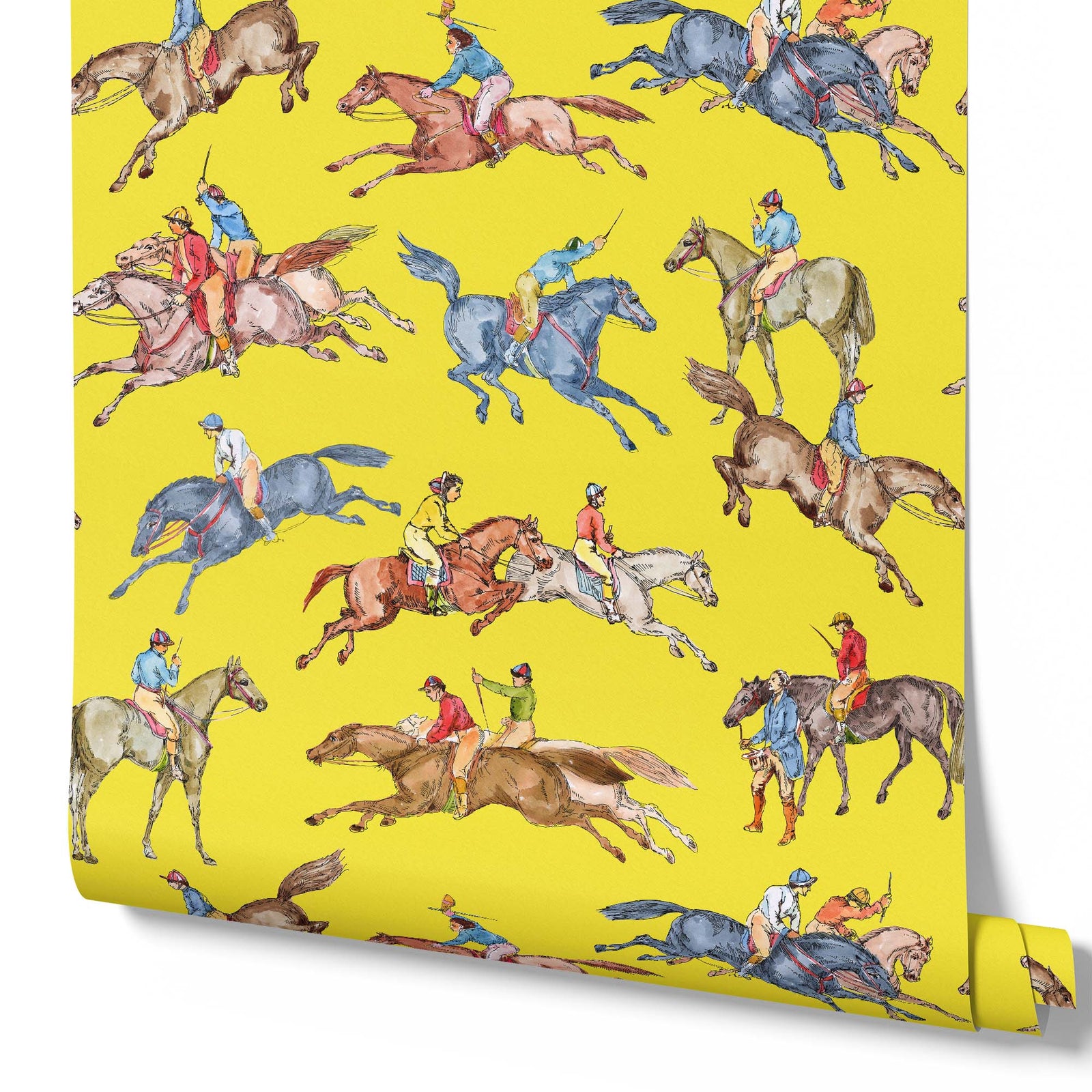 yellow_Wallpaper pattern consisting of colorful derby horse riders on a yellow background