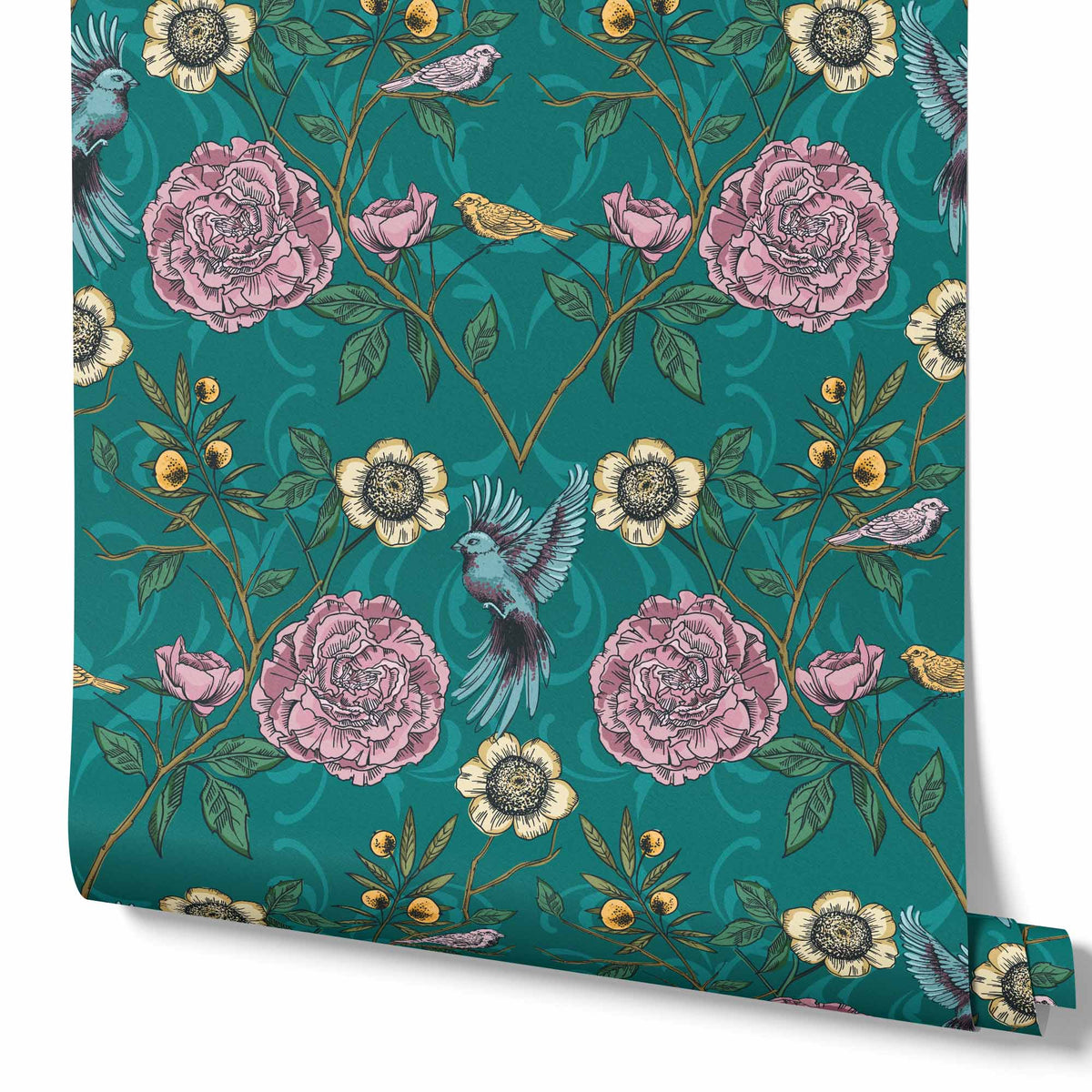 teal_A roll of wallpaper featuring a floral and bird pattern on a teal background.
