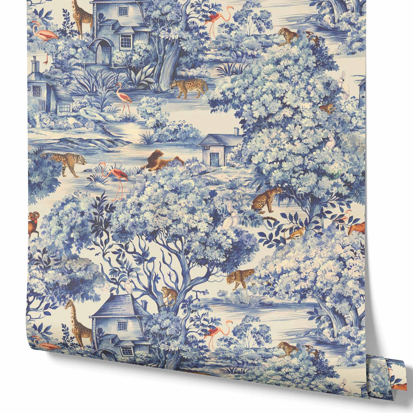 cream_Traditional wallpaper featuring a blue and white toile pattern with animals such as giraffes, lions, and flamingos, along with a depiction of a house and trees.