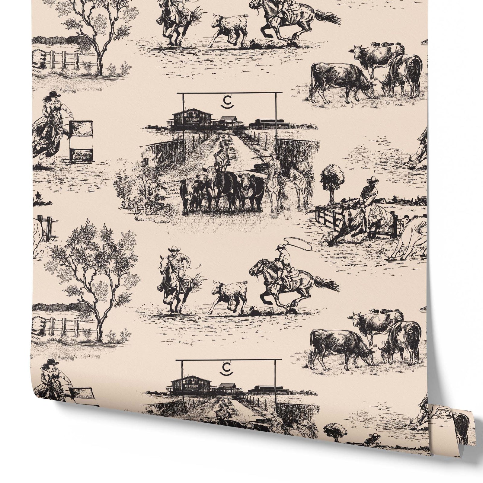 black-cream_traditional wallpaper featuring toile pattern with ranch scenes, including horses and cattle.