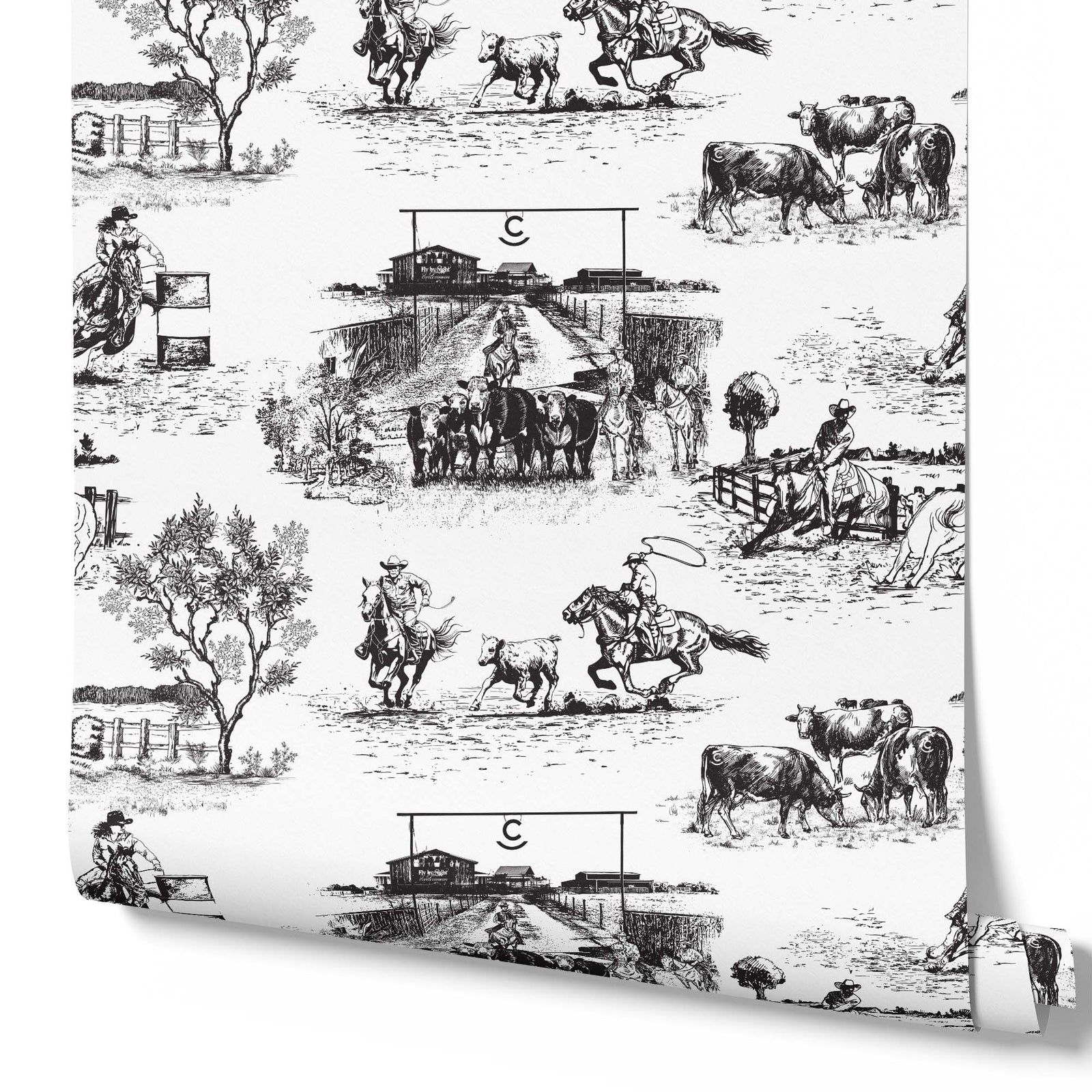 black-white_traditional wallpaper featuring toile pattern with ranch scenes, including horses and cattle.