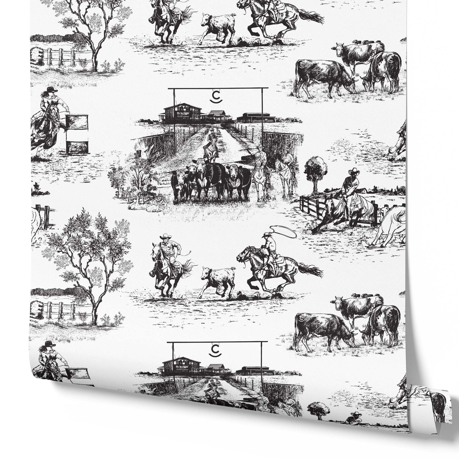 black-white_traditional wallpaper featuring toile pattern with ranch scenes, including horses and cattle.