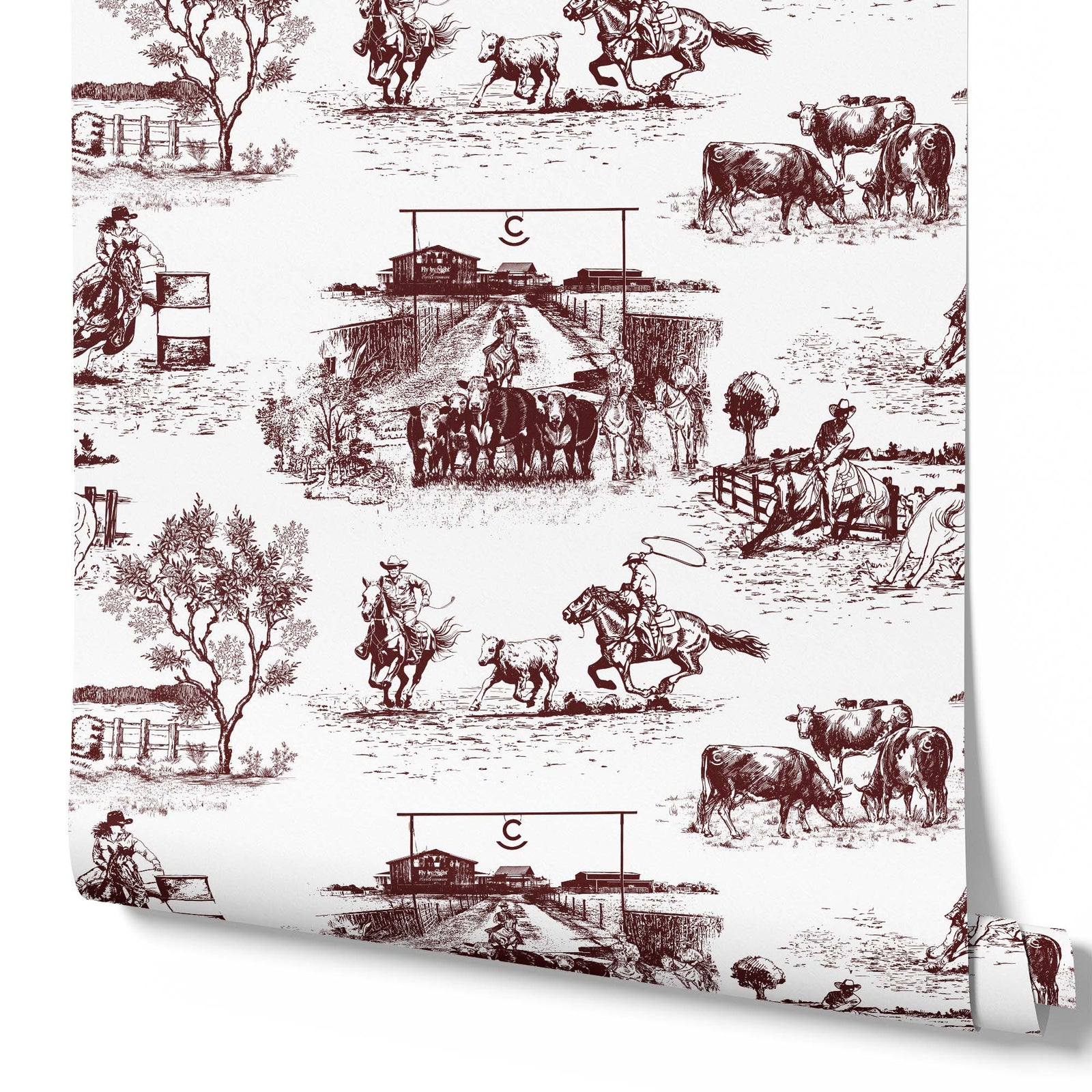 maroon_traditional wallpaper featuring toile pattern with ranch scenes, including horses and cattle.