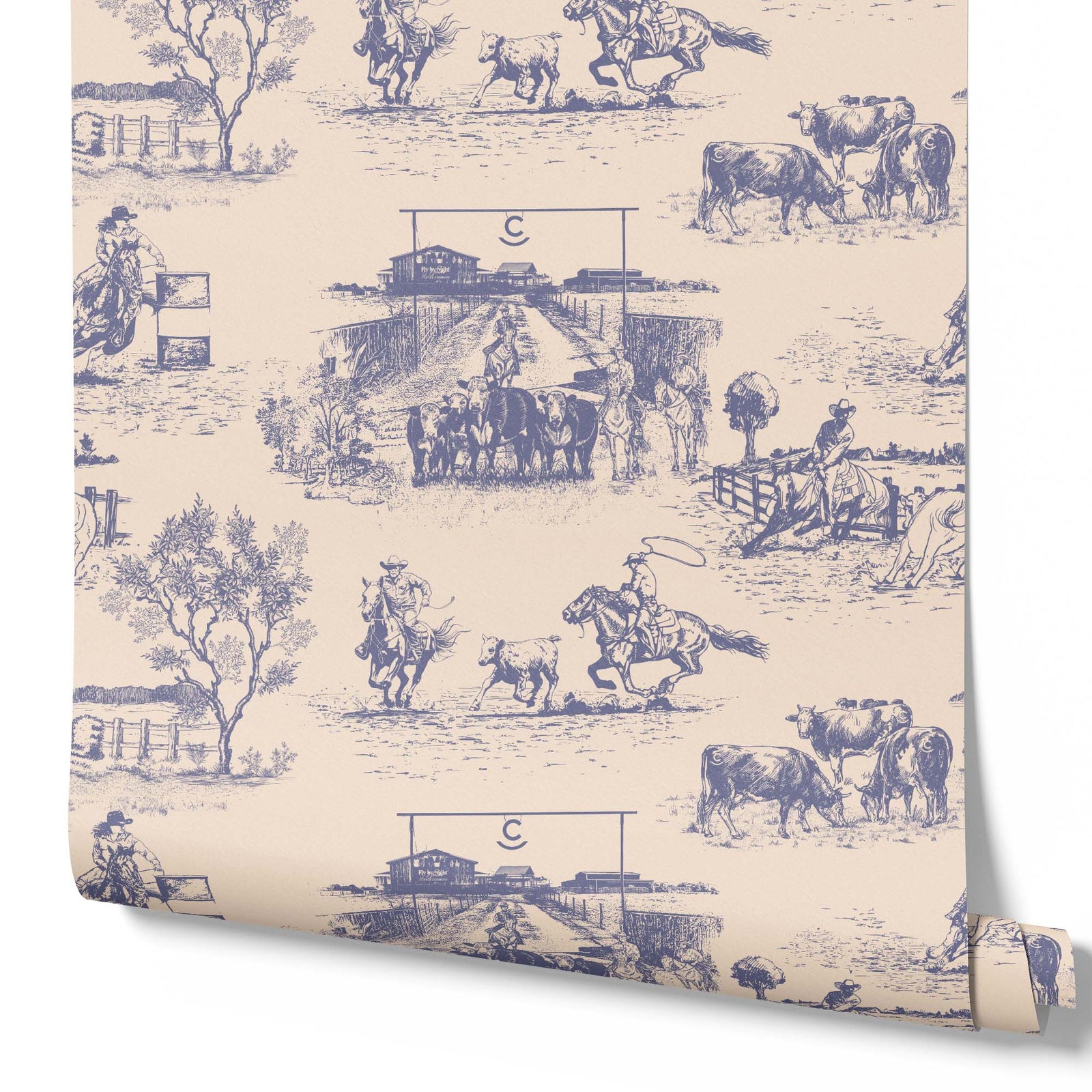 purple_traditional wallpaper featuring toile pattern with ranch scenes, including horses and cattle.