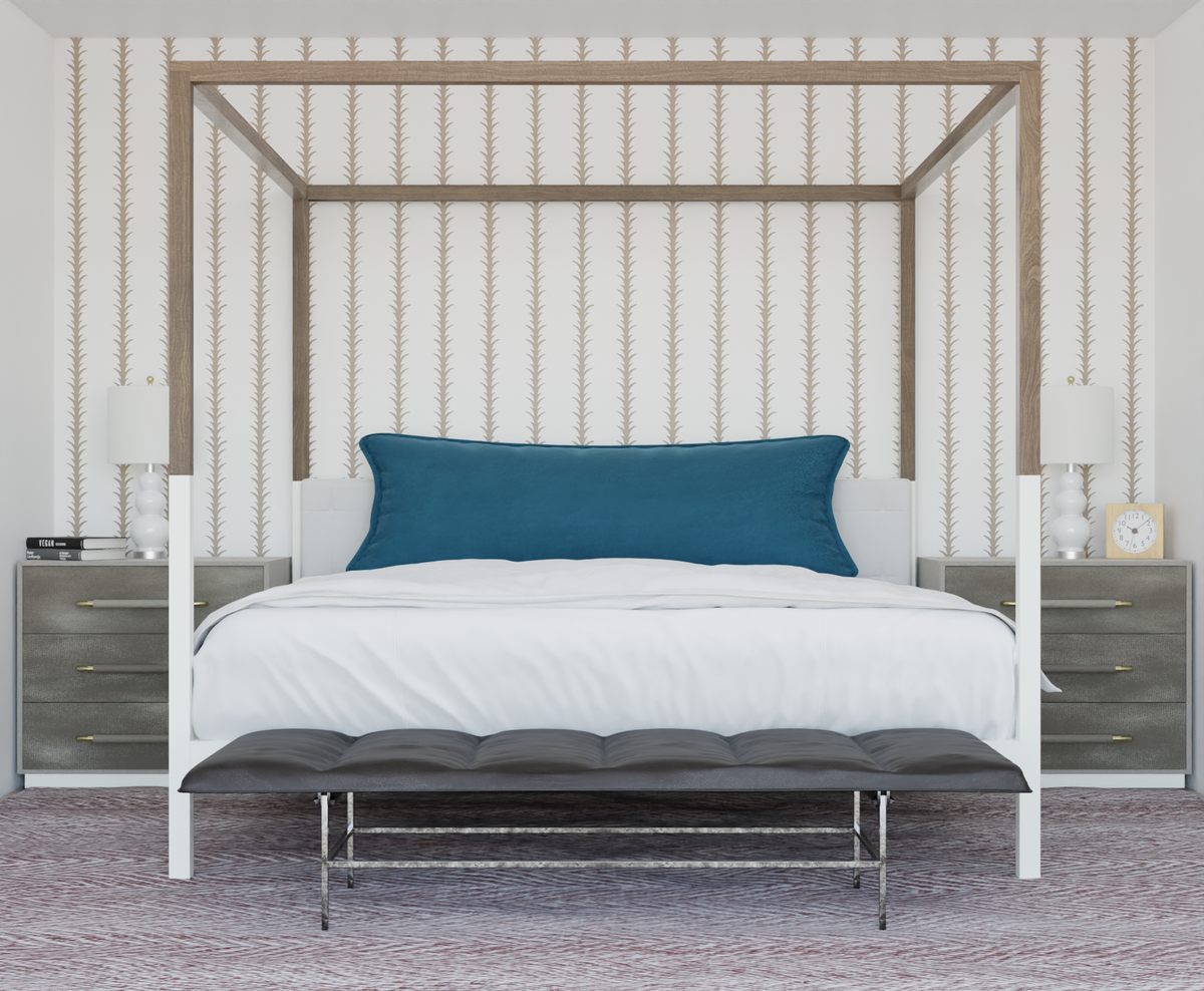 tan_A vertical pattern of leaf-like shapes in shades of tan with a white background, indicative of traditional wallpaper in a bedroom with a white bed.