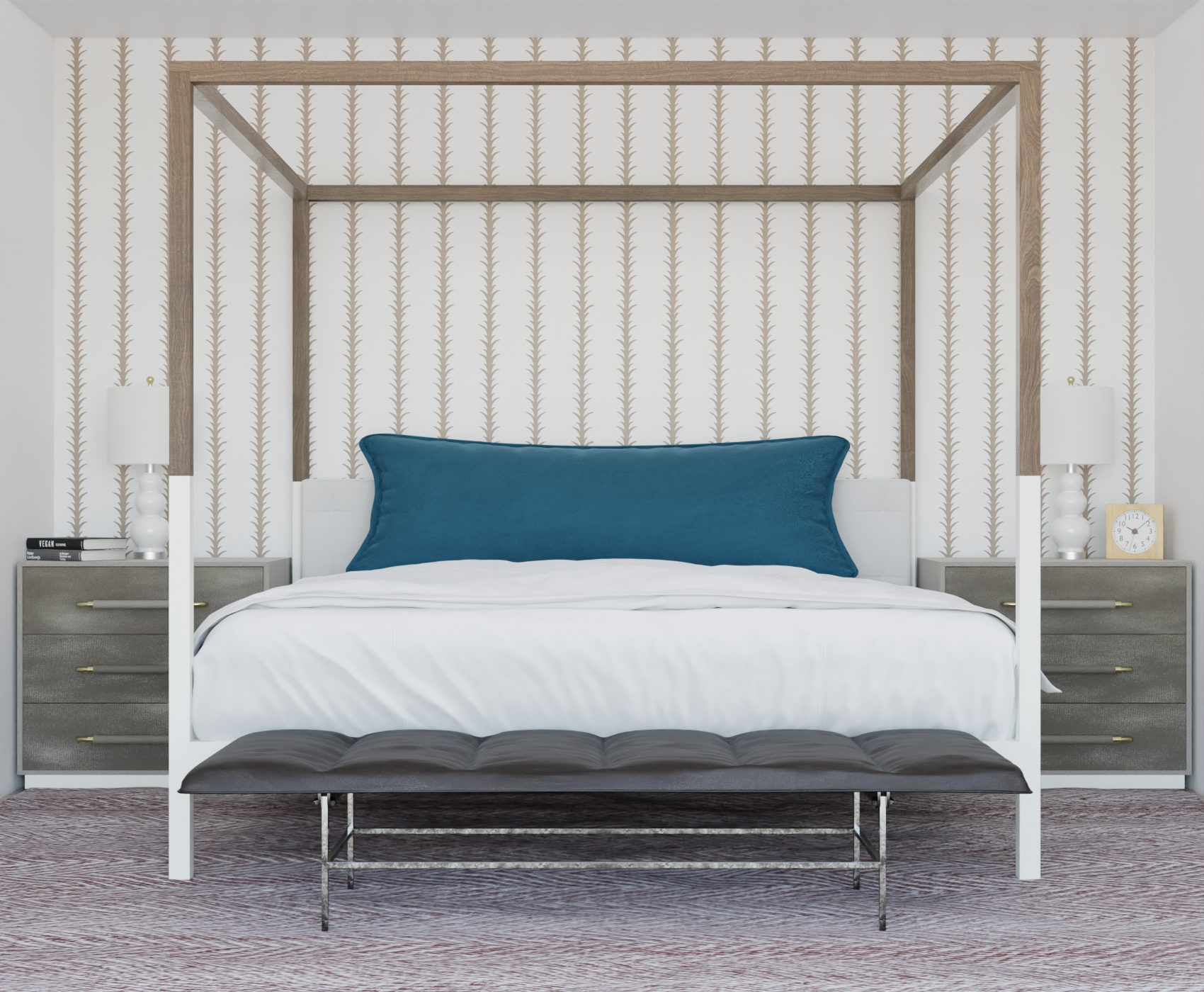 tan_A vertical pattern of leaf-like shapes in shades of tan with a white background, indicative of traditional wallpaper in a bedroom with a white bed.