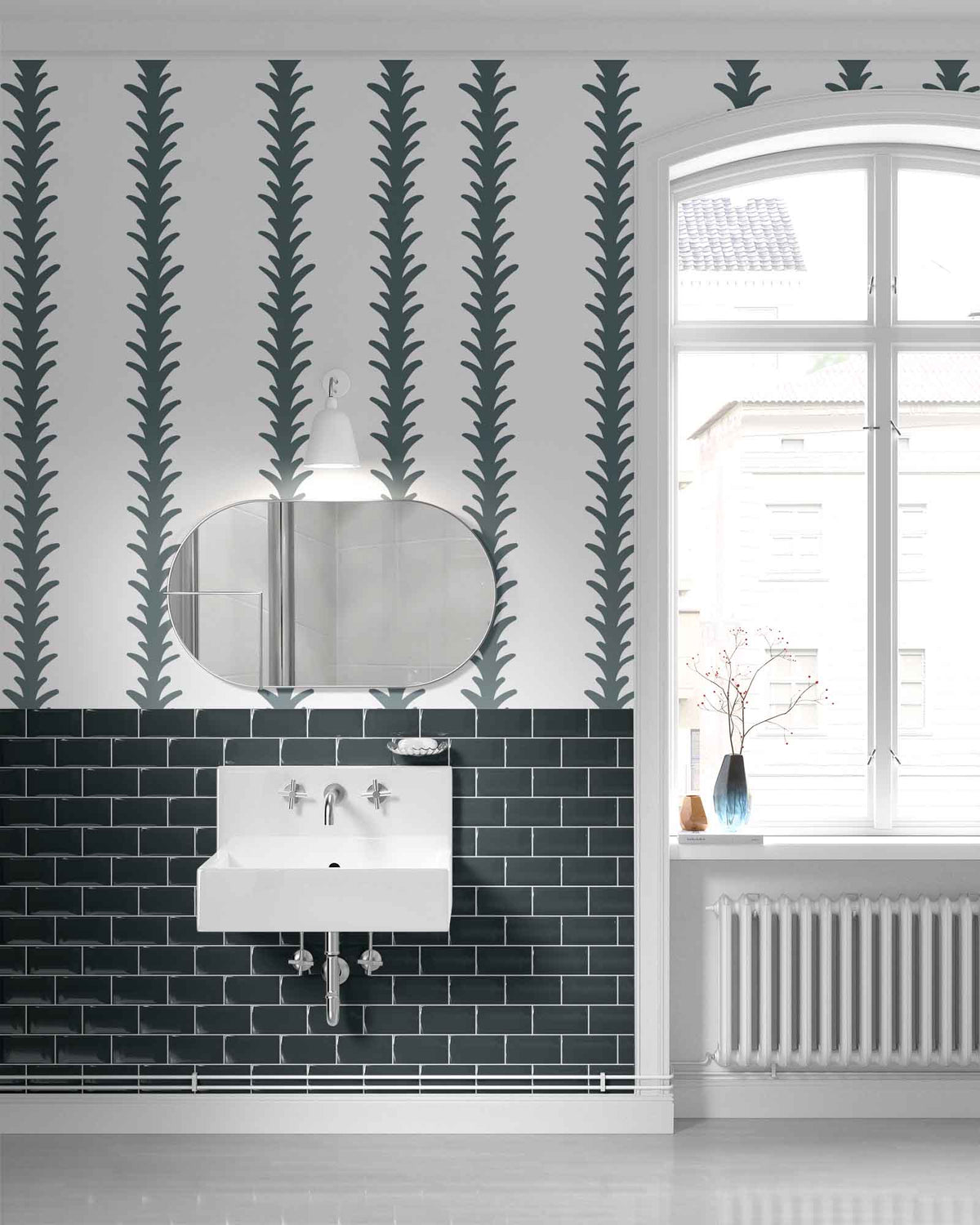 slate-blue_A vertical pattern of leaf-like shapes in shades of slate blue with a white background, indicative of traditional wallpaper in a bathroom.