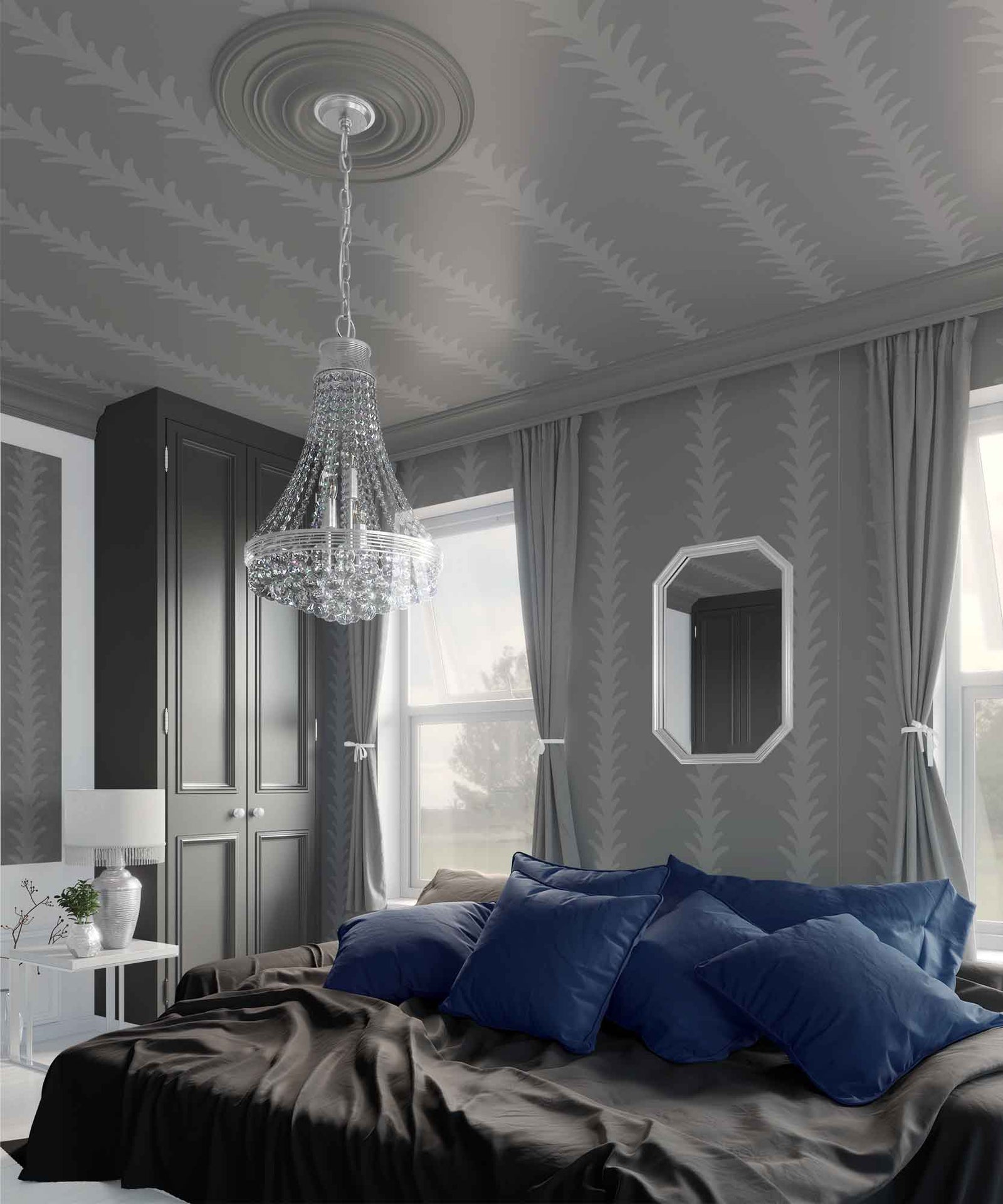 dark-grey_A vertical pattern of leaf-like shapes in shades of grey with a dark grey background, indicative of traditional wallpaper in a bedroom.