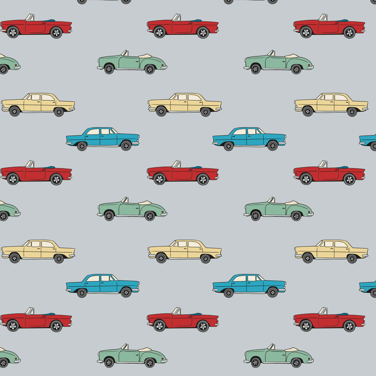 grey_A wallpaper with a pattern featuring vintage cars in colors blue, red, yellow, and green on a grey background.