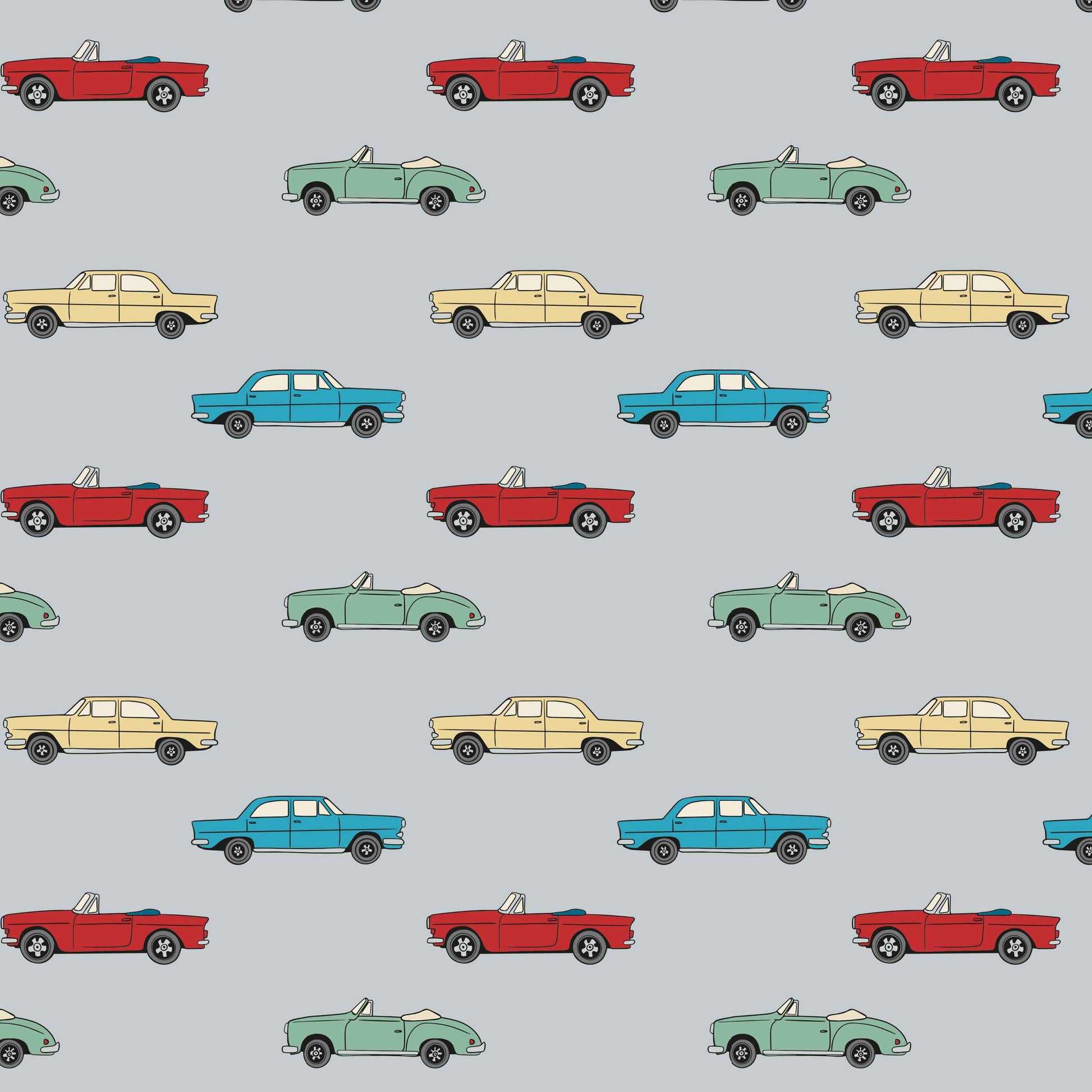 grey_A wallpaper with a pattern featuring vintage cars in colors blue, red, yellow, and green on a grey background.