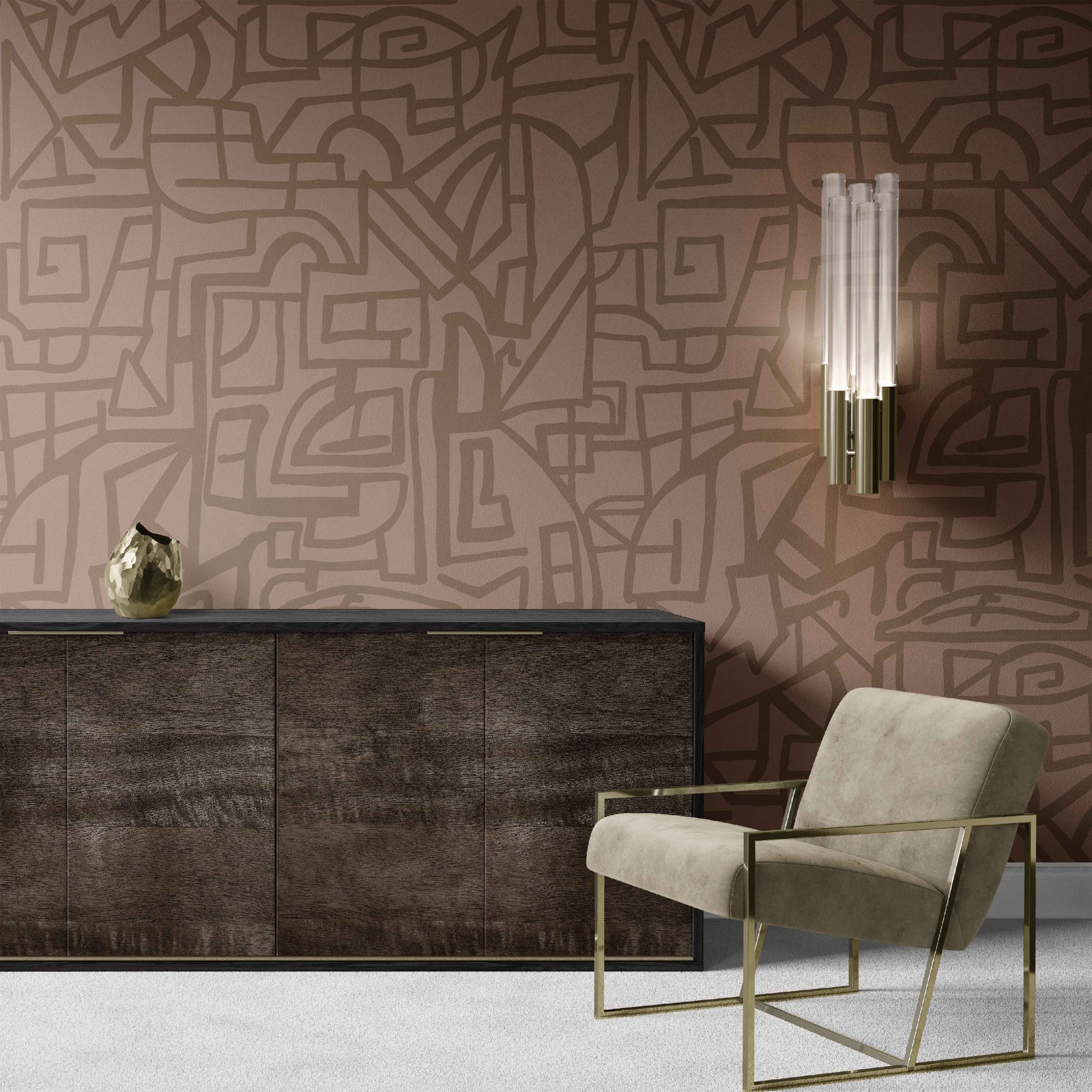 taupes_A wander wallpaper by Wall Snobs in a deep taupe background with tan accents colorway featured on the ceiling of a luxury closet at the RUE Magazine Showhouse in Dallas, Texas, designed by J Collins Interiors