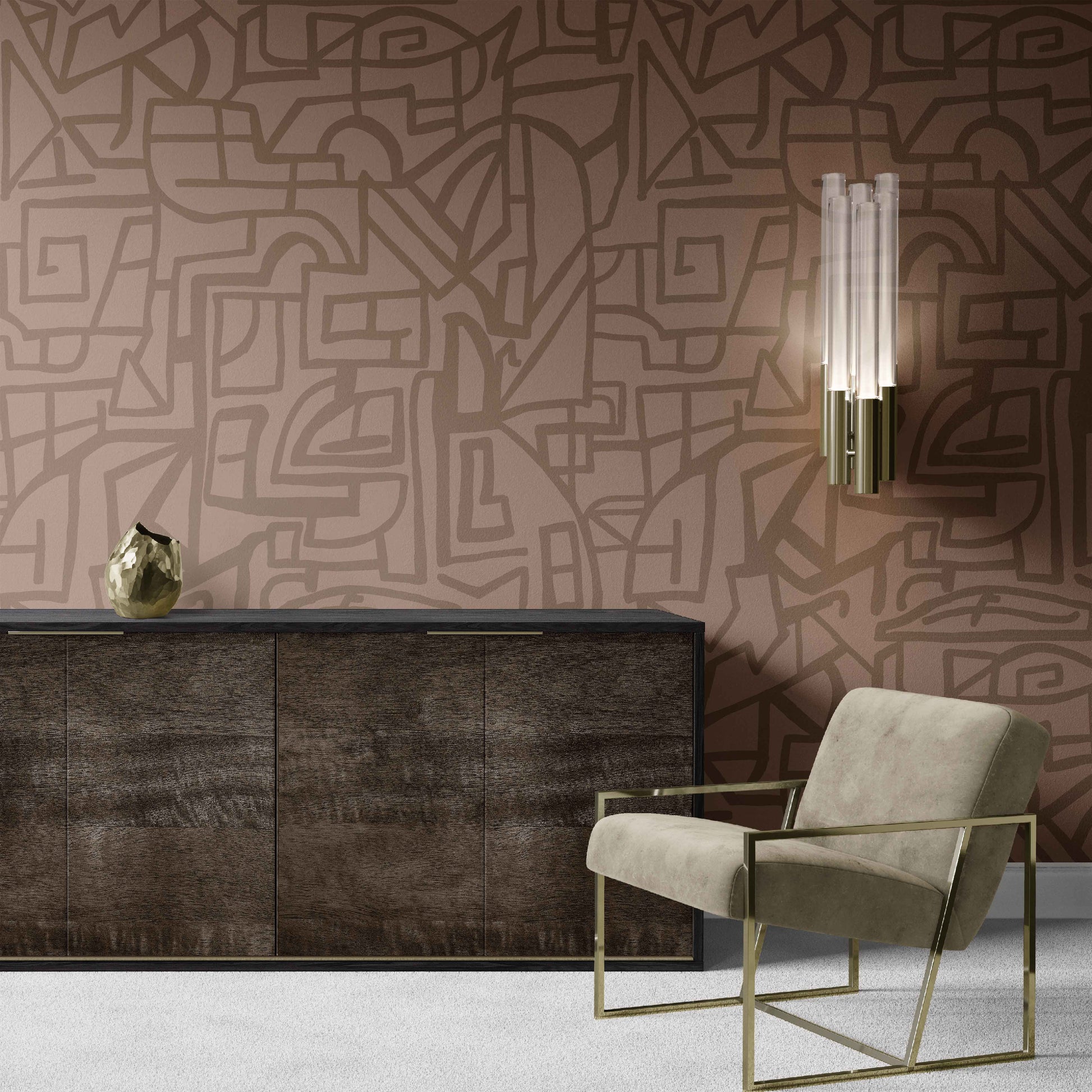taupes_A wander wallpaper by Wall Snobs in a deep taupe background with tan accents colorway featured on the ceiling of a luxury closet at the RUE Magazine Showhouse in Dallas, Texas, designed by J Collins Interiors