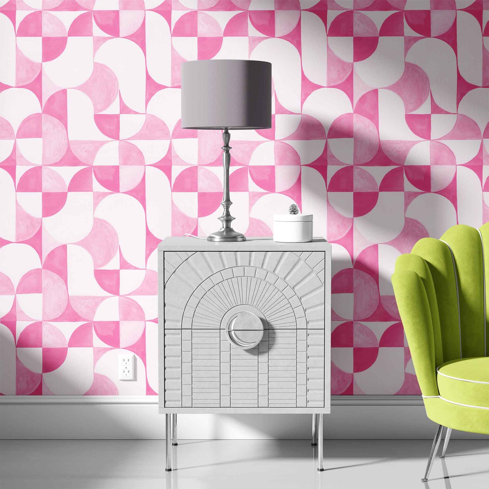 pink_A wallpaper with a geometric pattern featuring circles and abstract shapes in a monochrome pink color palette in a room with a green couch.