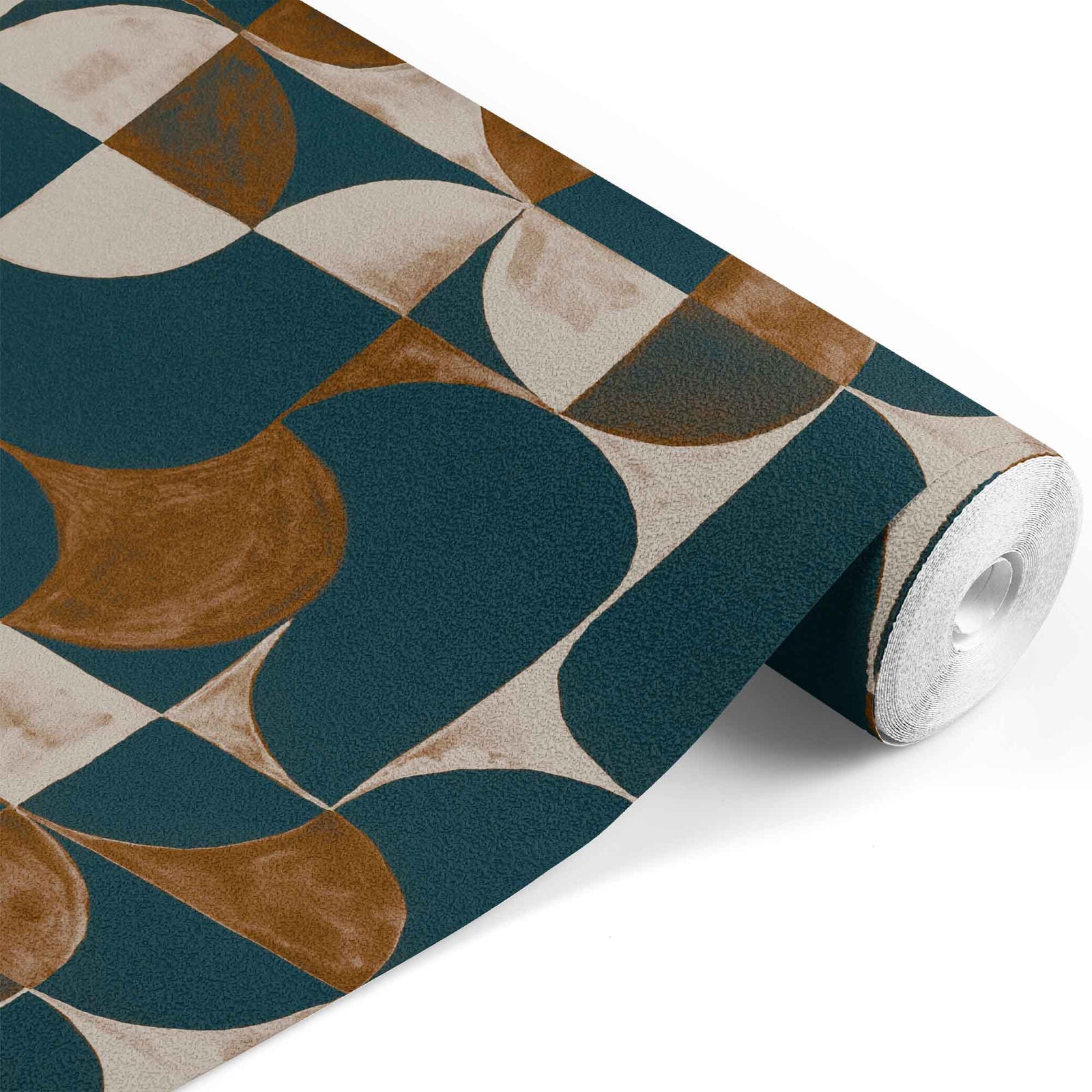 rust_A wallpaper with a geometric pattern featuring circles and abstract shapes in a monochrome rust and navy color palette.