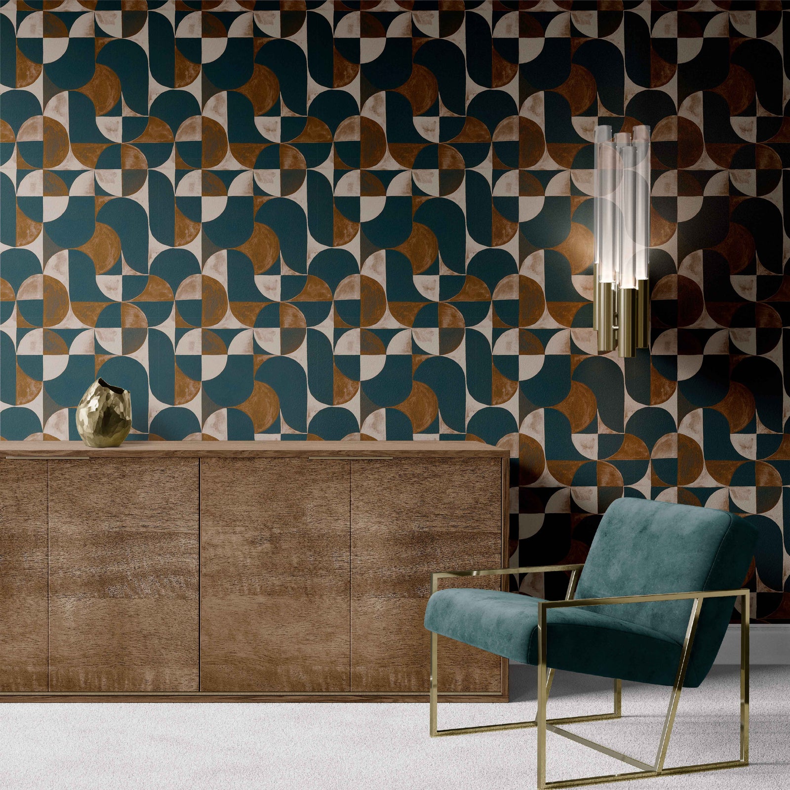 rust_A wallpaper with a geometric pattern featuring circles and abstract shapes in a monochrome rust and navy color palette in a room with a blue chair.