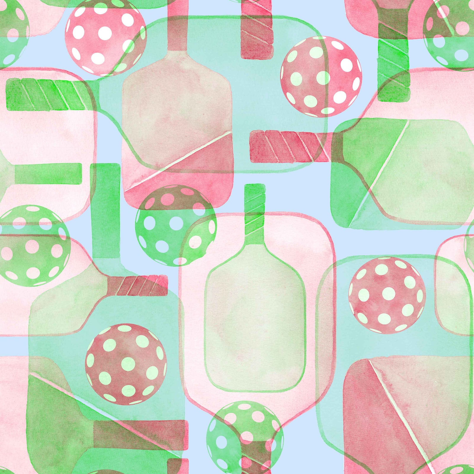 pink_A wallpaper pattern that includes abstract representations of pickleball paddles and balls in green, blue, and pink colors on a light background.
