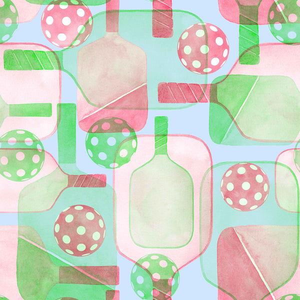 pink_A wallpaper pattern that includes abstract representations of pickleball paddles and balls in green, blue, and pink colors on a light background.