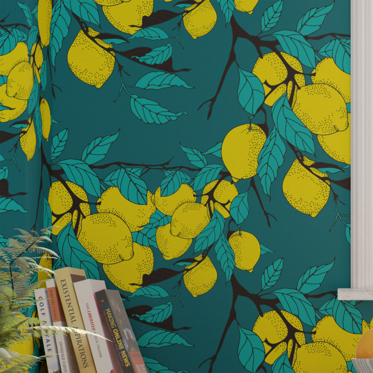 blue_A wallpaper with a blue background featuring various yellow lemons with a branch-like pattern.