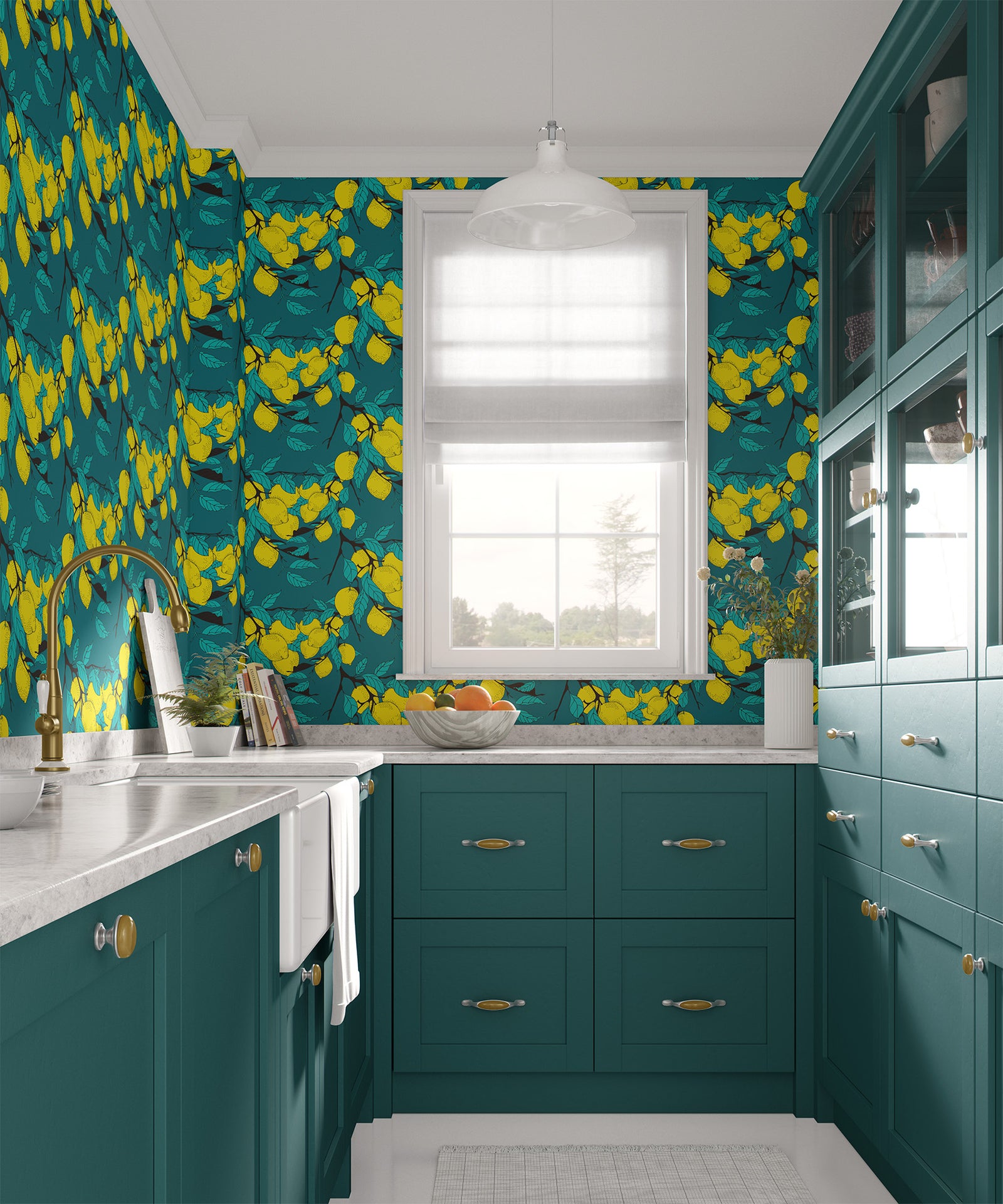 blue_A wallpaper with a blue background featuring various yellow lemons with a branch-like pattern in a kitchen.